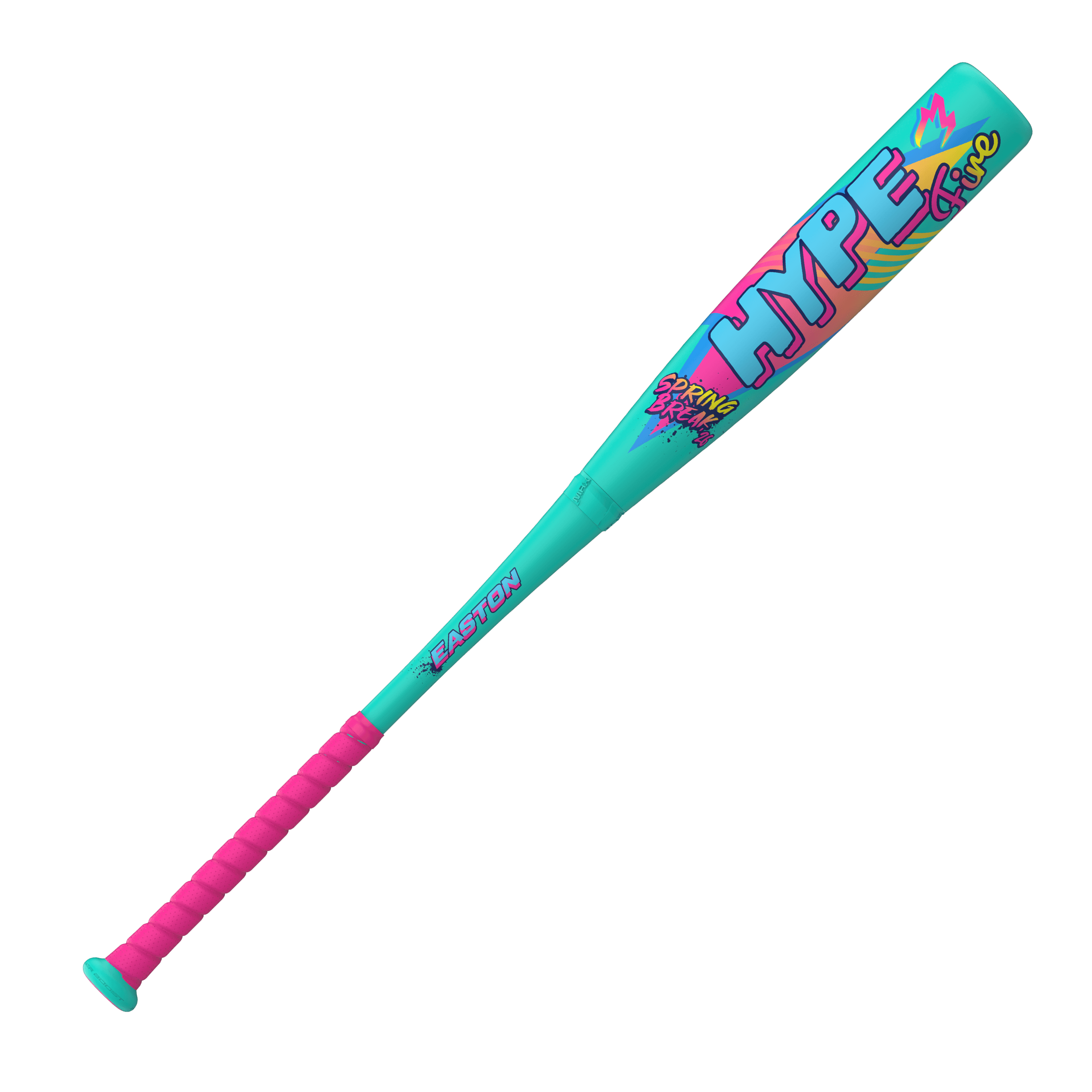 Easton Hype Fire USA (-10) Baseball Bat side profile showing vibrant teal and pink design with bold graphics.