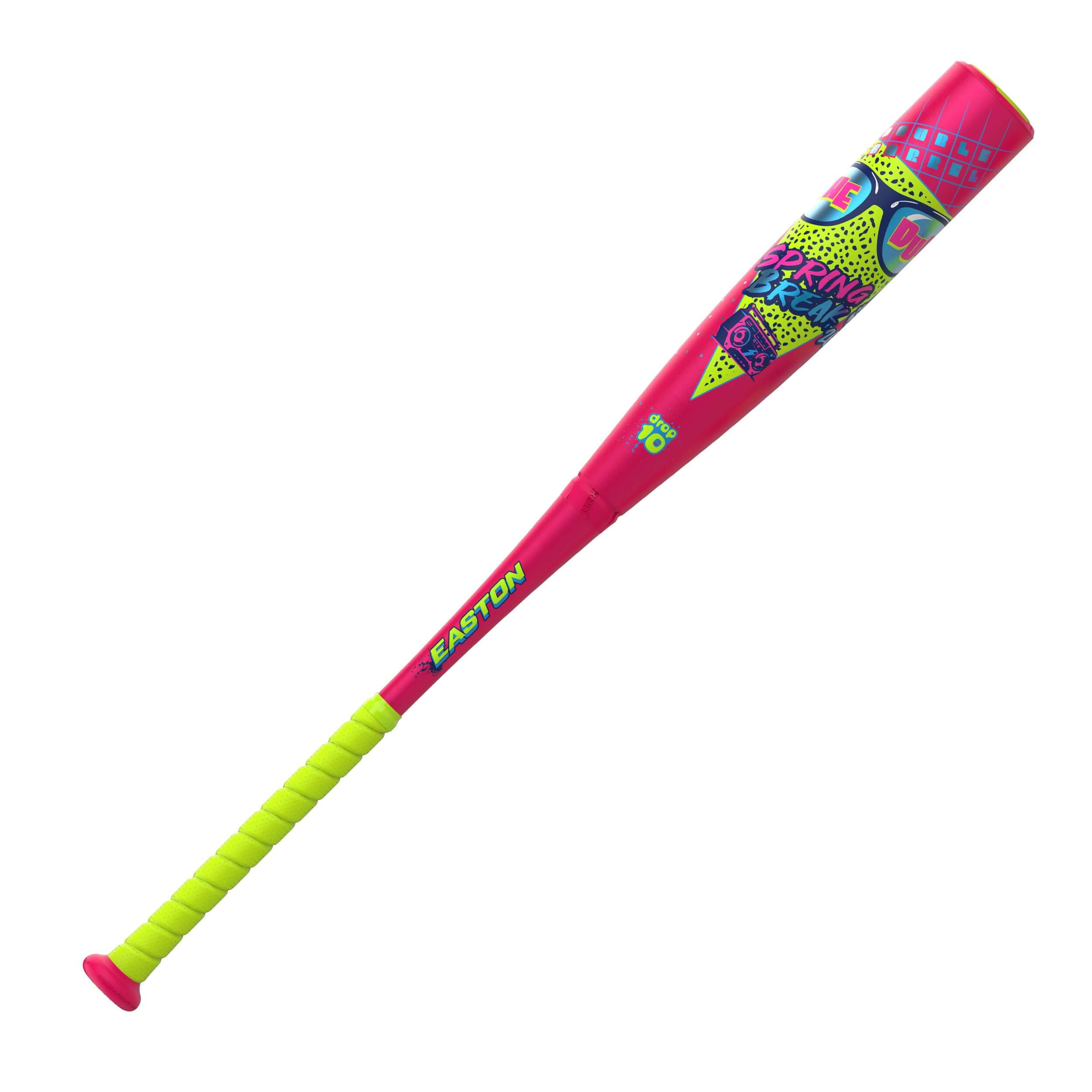 Side profile view of the Easton The Dub USSSA (-5) Baseball Bat in bright pink and yellow with colorful retro graphics.