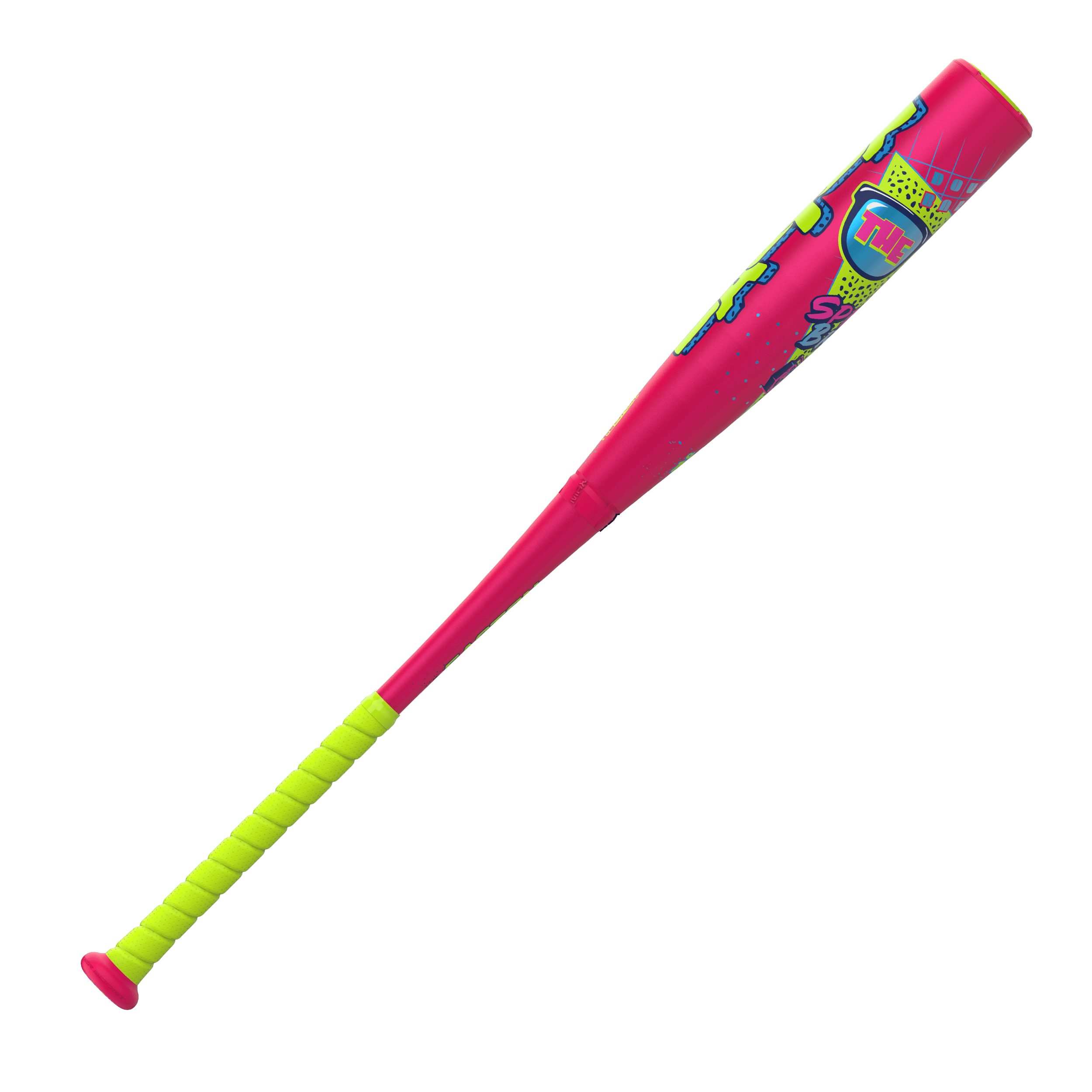 Easton The Dub USSSA (-5) Baseball Bat side view with pink barrel and neon green grip, featuring retro graphics.