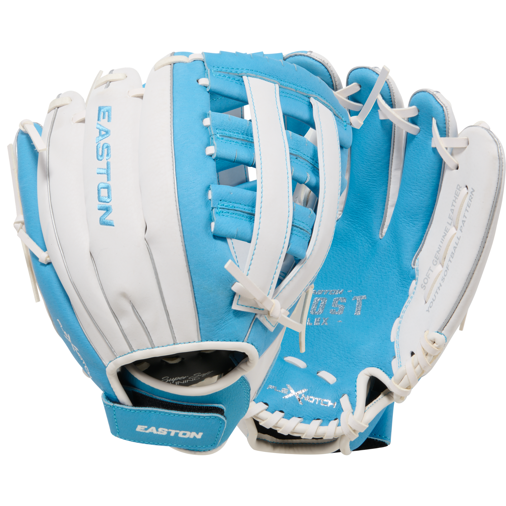 Easton Ghost Flex 12-Inch Softball Glove back/front comparison showing the complete left-hand throw fastpitch glove design