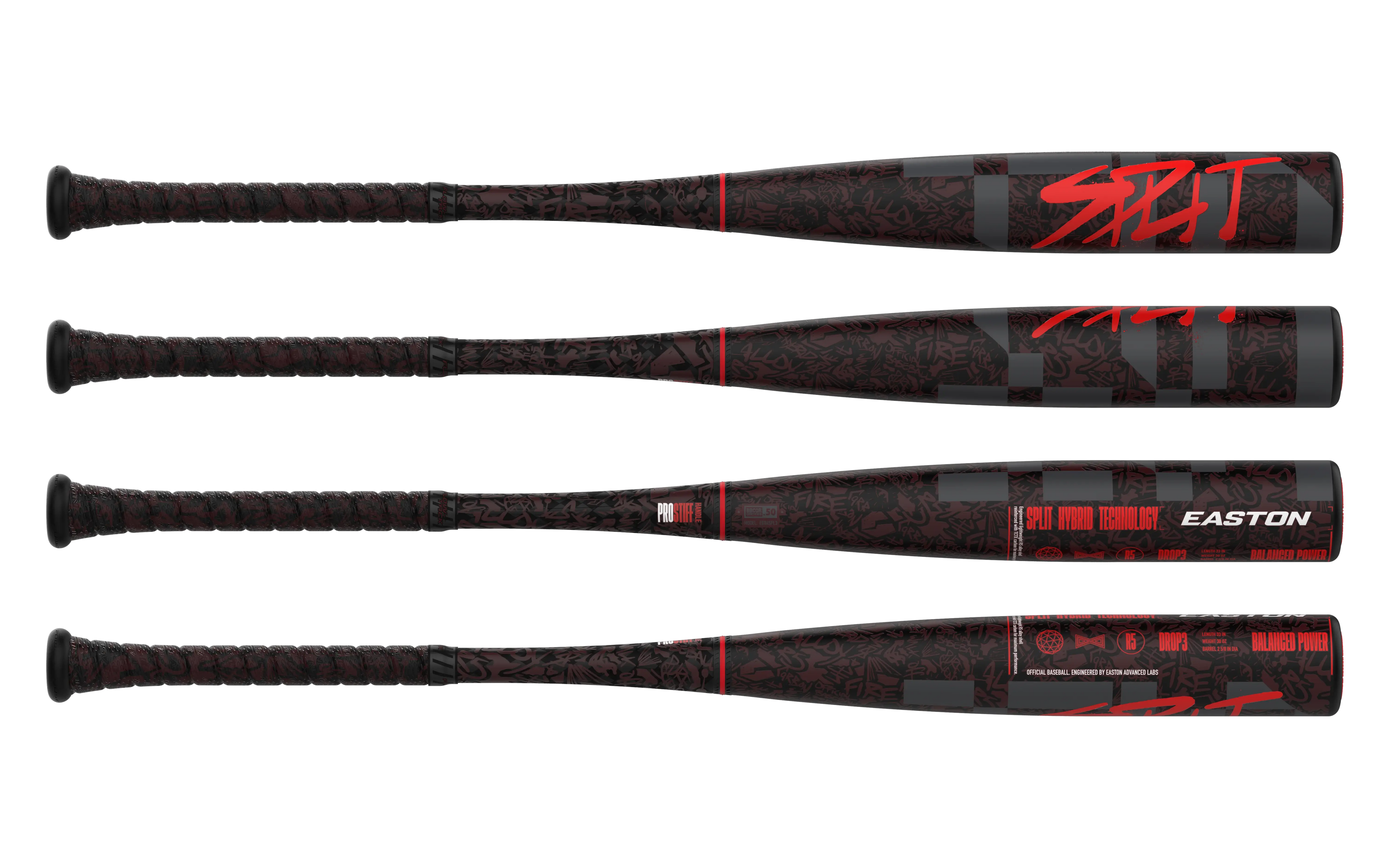 Easton 2024 Split -3 BBCOR baseball bat featuring a hybrid design and sleek black and red graphics.