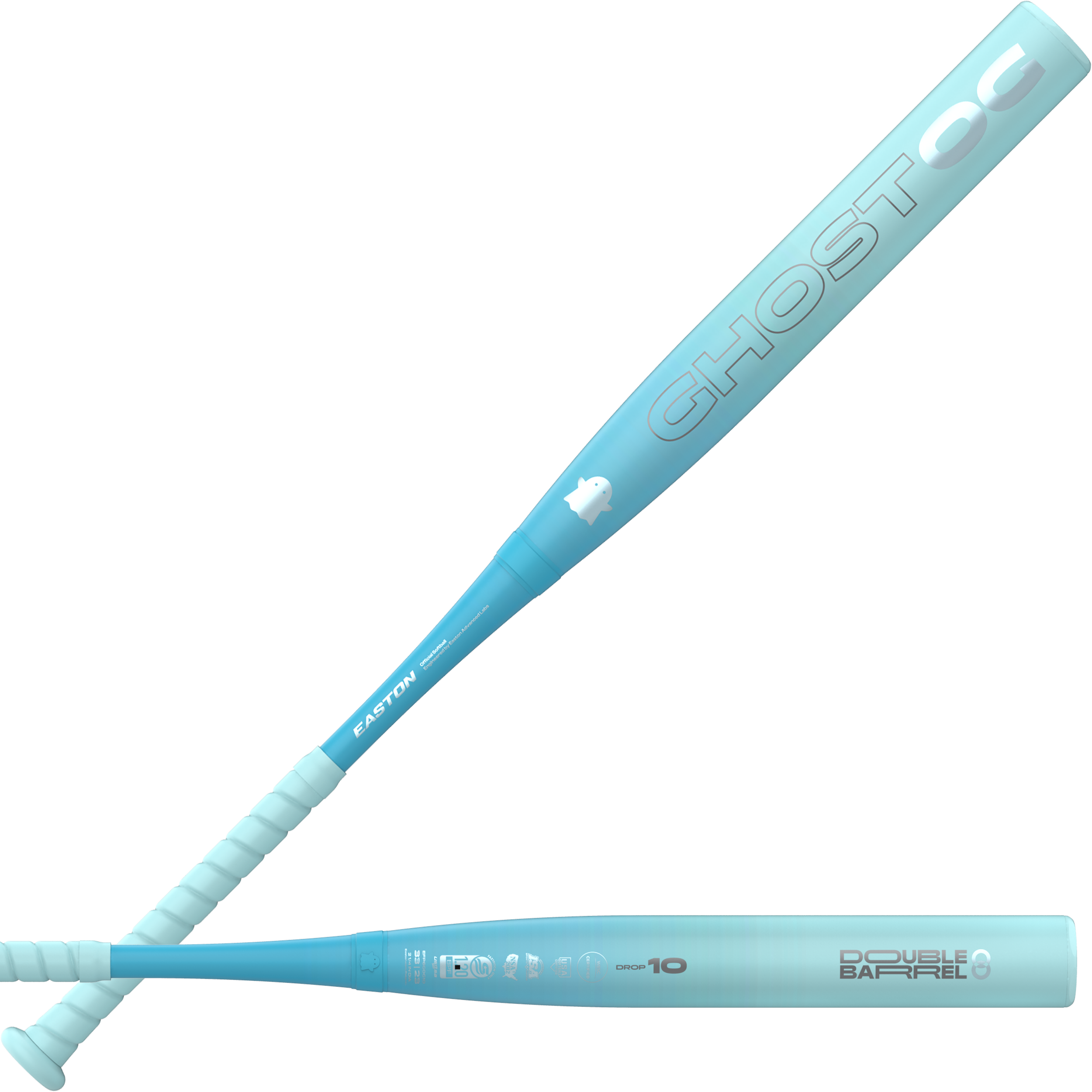 2027 Easton Ghost OG (-10) Fastpitch Softball Bat in light blue with logo and double barrel design, ideal for power and control.
