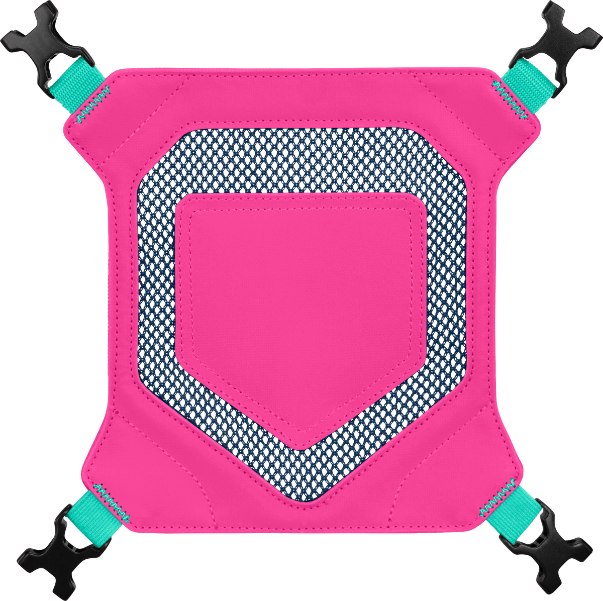 Easton Walk-Off Ethos Helmet Holder in pink with green straps for convenient helmet carrying.