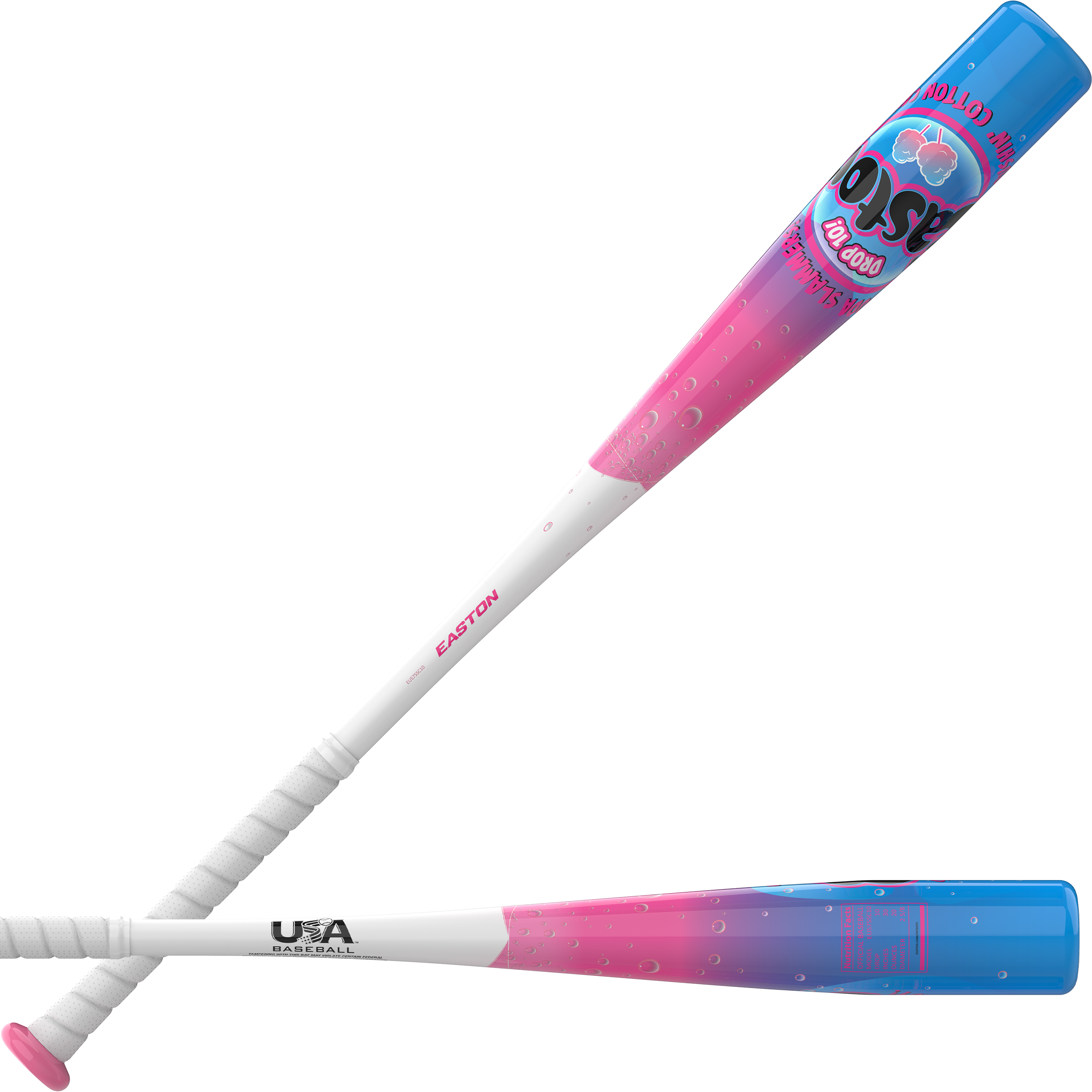Easton Soda Slammer Cotton Candy USA Baseball Bat combination front/back view with the complete Cotton Candy colourway