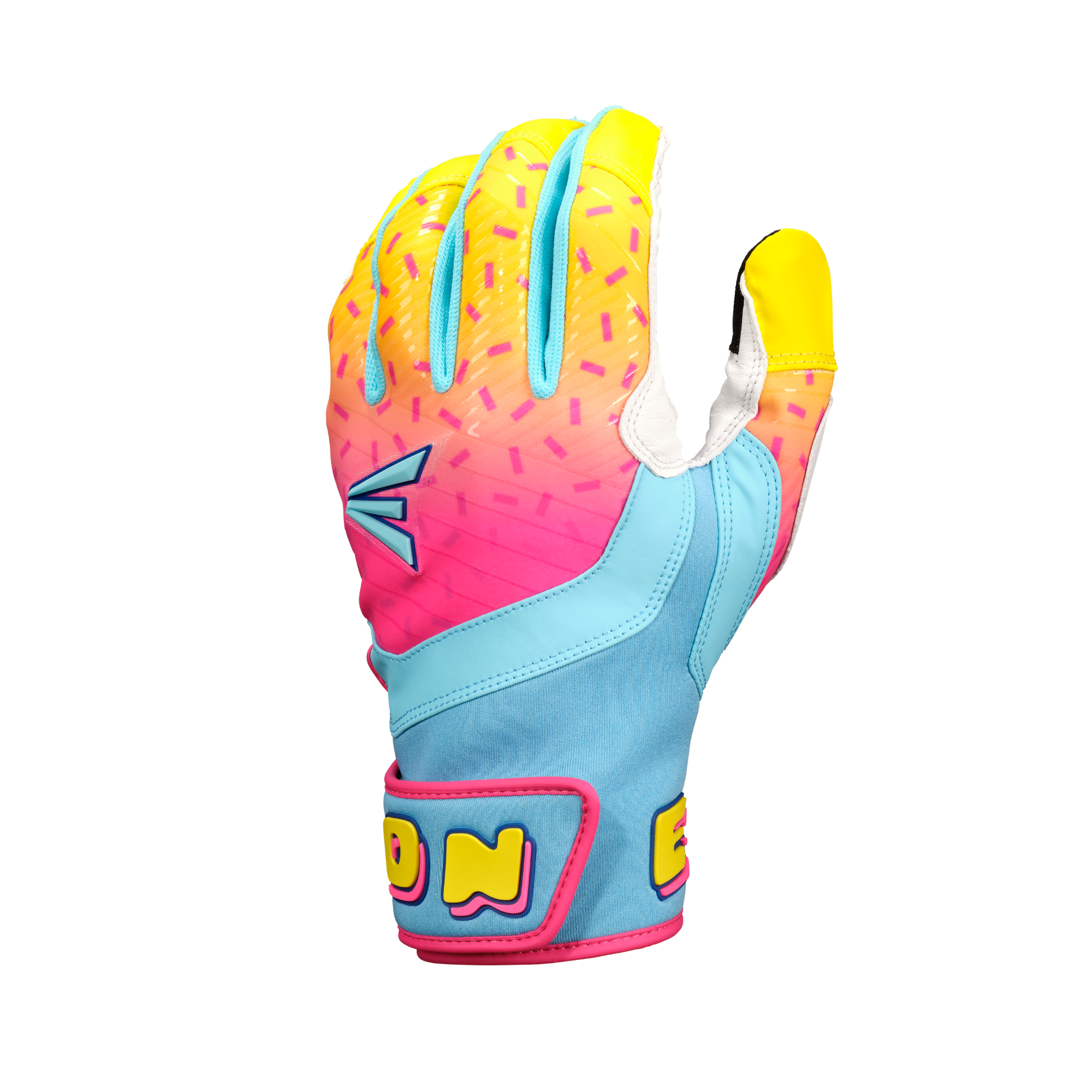 Easton Walk-Off Ethos Youth Batting Gloves - Light Blue/Pink backhand view with colorful gradient and logo on wrist.