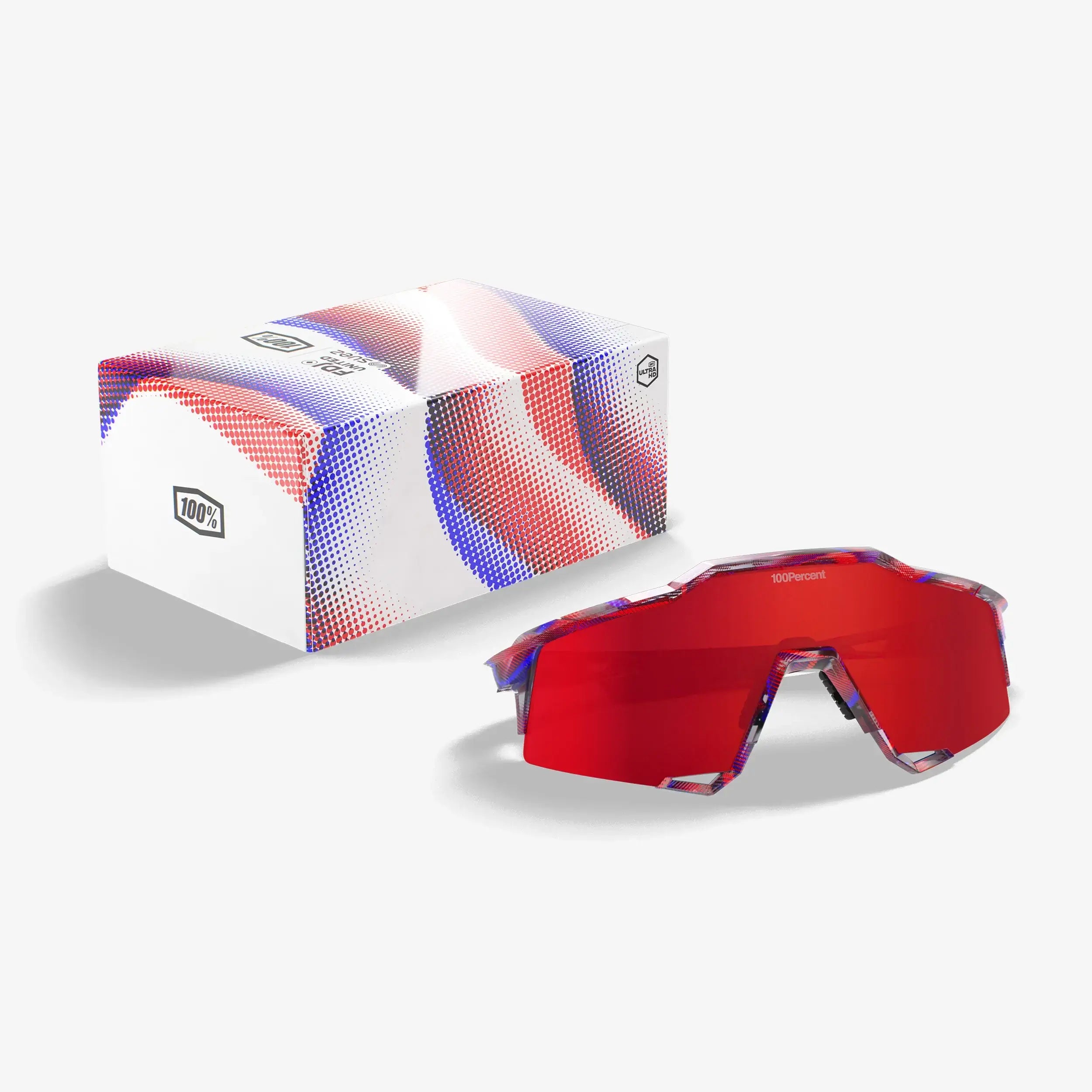 100% Speedcraft FDJ Gloss Translucent Red/Blue with HiPER Fire Red Mirror Lens displayed with branded box.