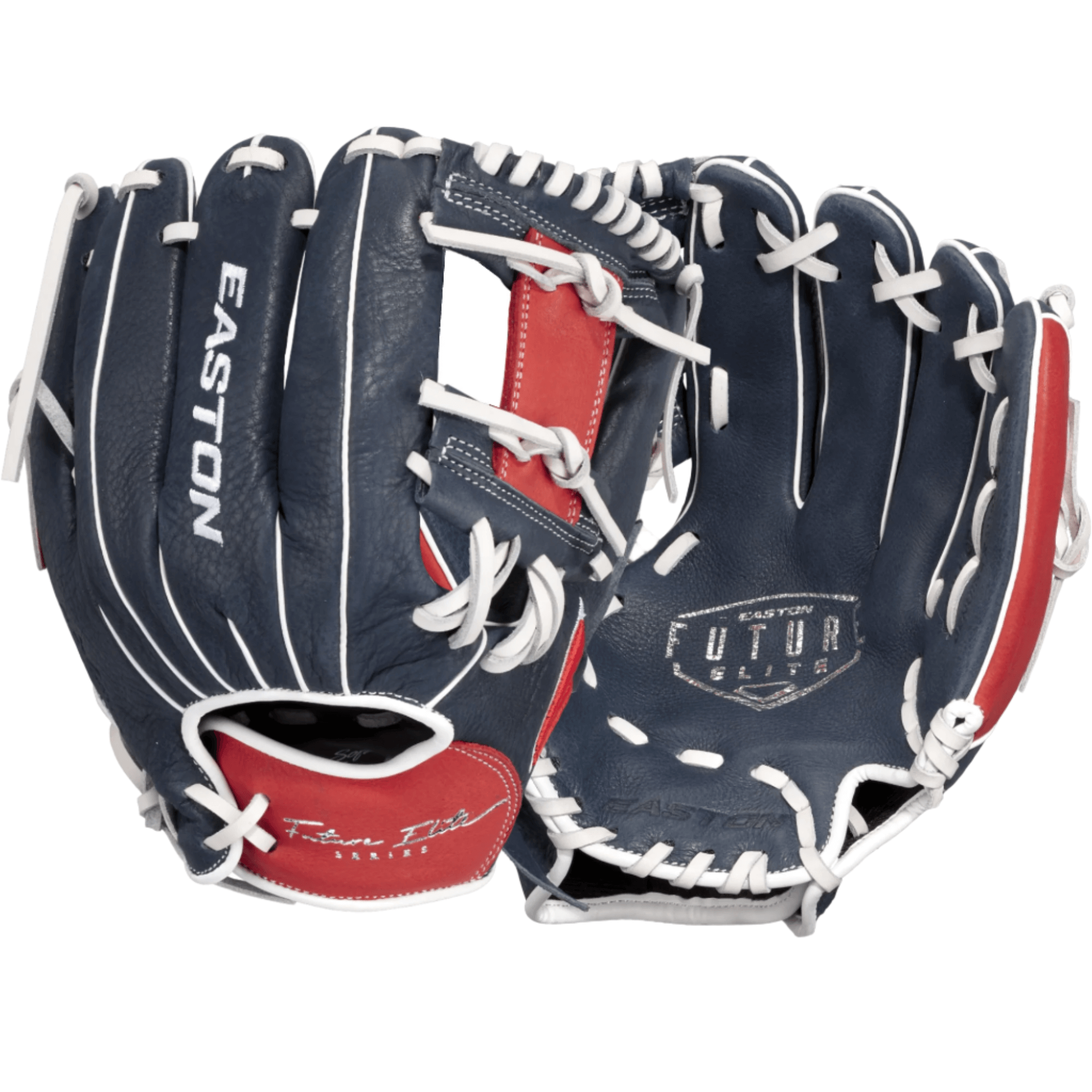 Easton Future Elite Series 11" youth baseball glove in navy and red, designed for 11U players with Flex Notch closure.