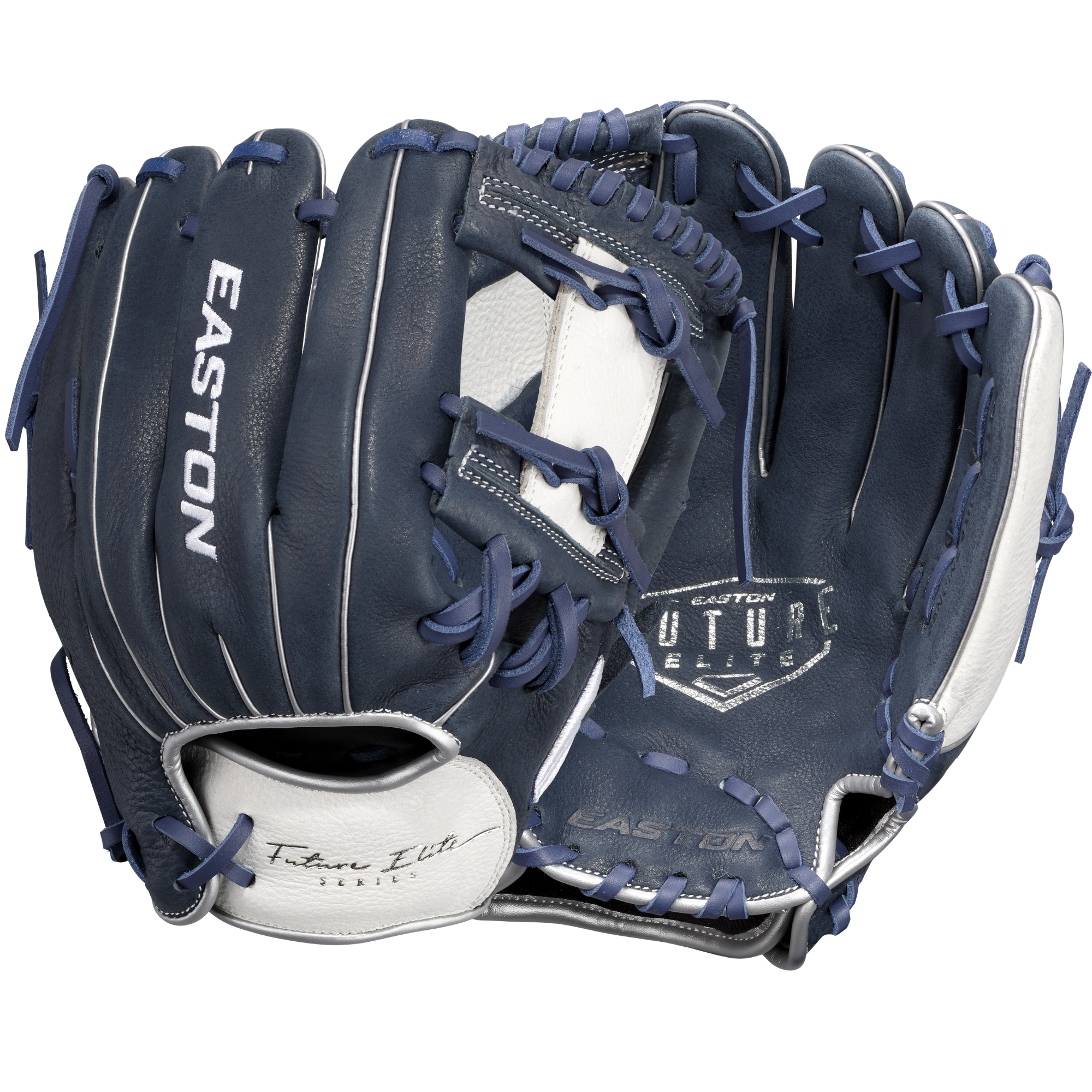 Easton Future Elite 11-Inch Youth Baseball Glove back/front comparison showing the navy and white LHT glove design