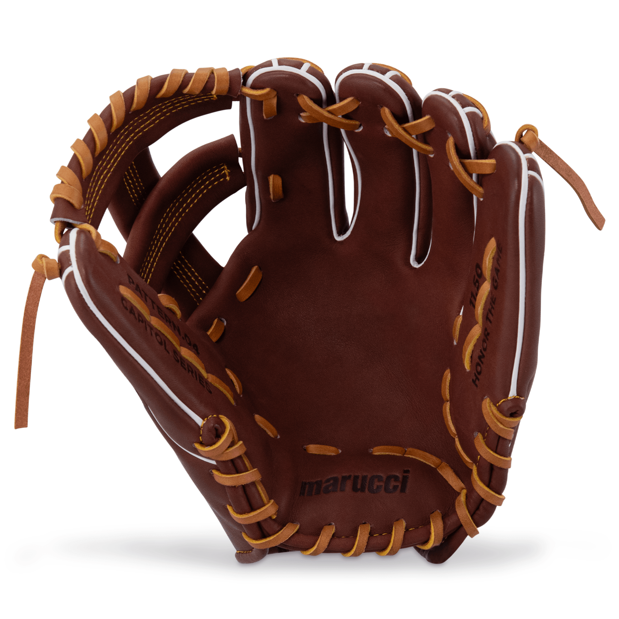Marucci Capitol M Type 43A4 11.5" Single Post Baseball Glove RHT palm view with brown leather and tan lacing
