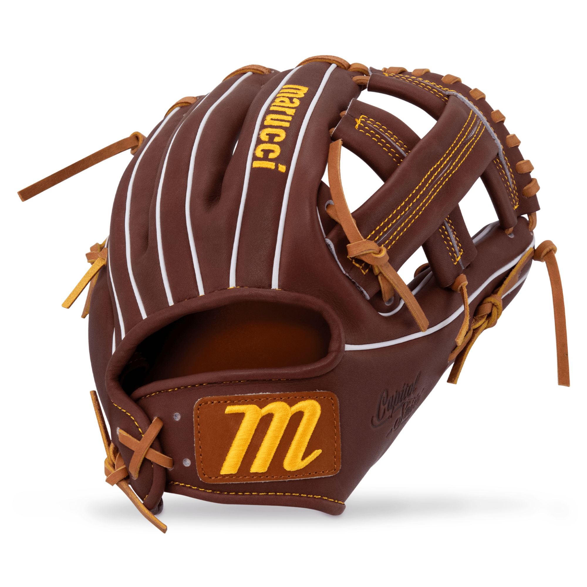 Marucci Capitol M Type 43A4 11.5" Single Post Baseball Glove RHT in brown with brown lacing, palm view showing thumb and pinky sleeves.