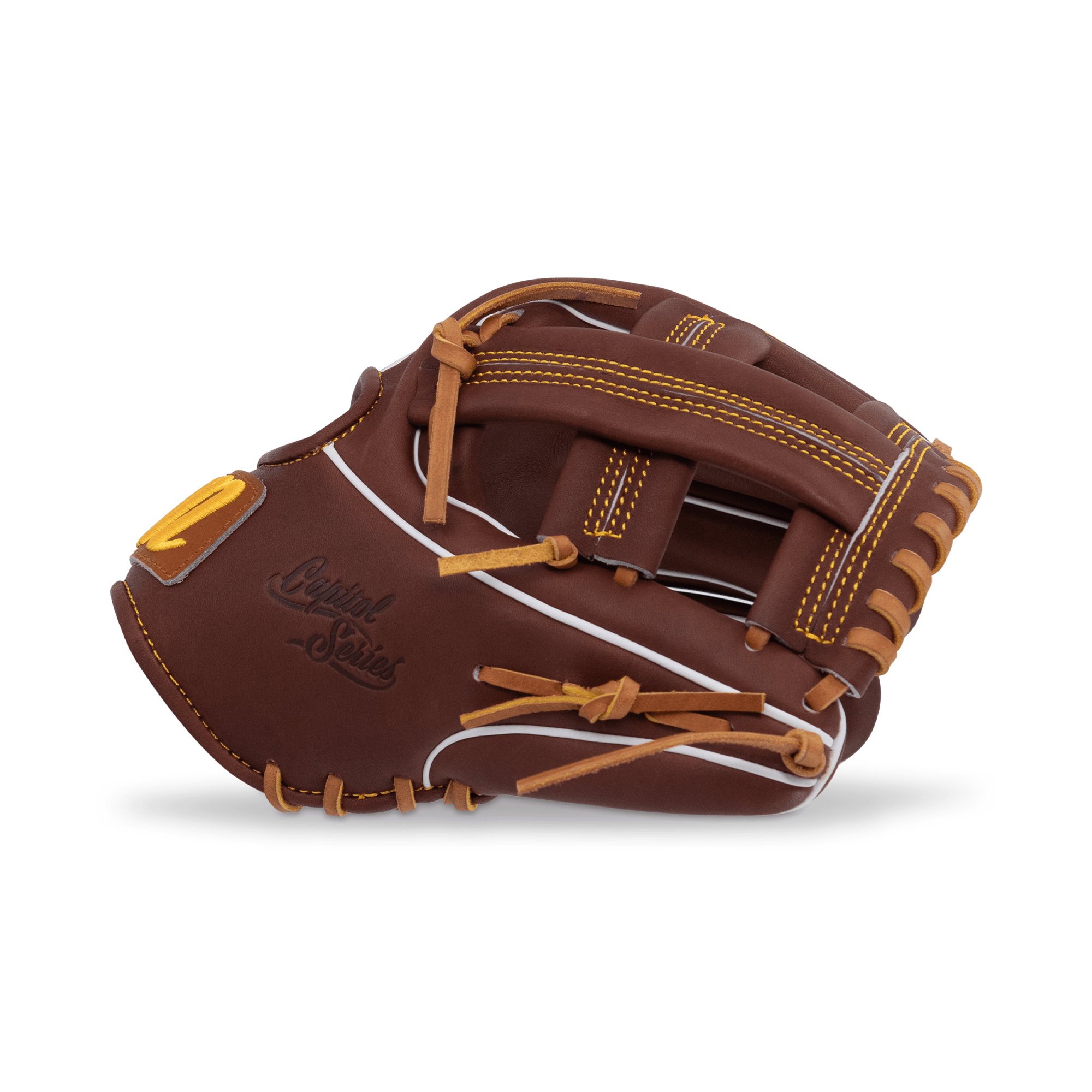Marucci Capitol M Type 43A4 11.5" Single Post Baseball Glove RHT side view brown with yellow lacing and stitching