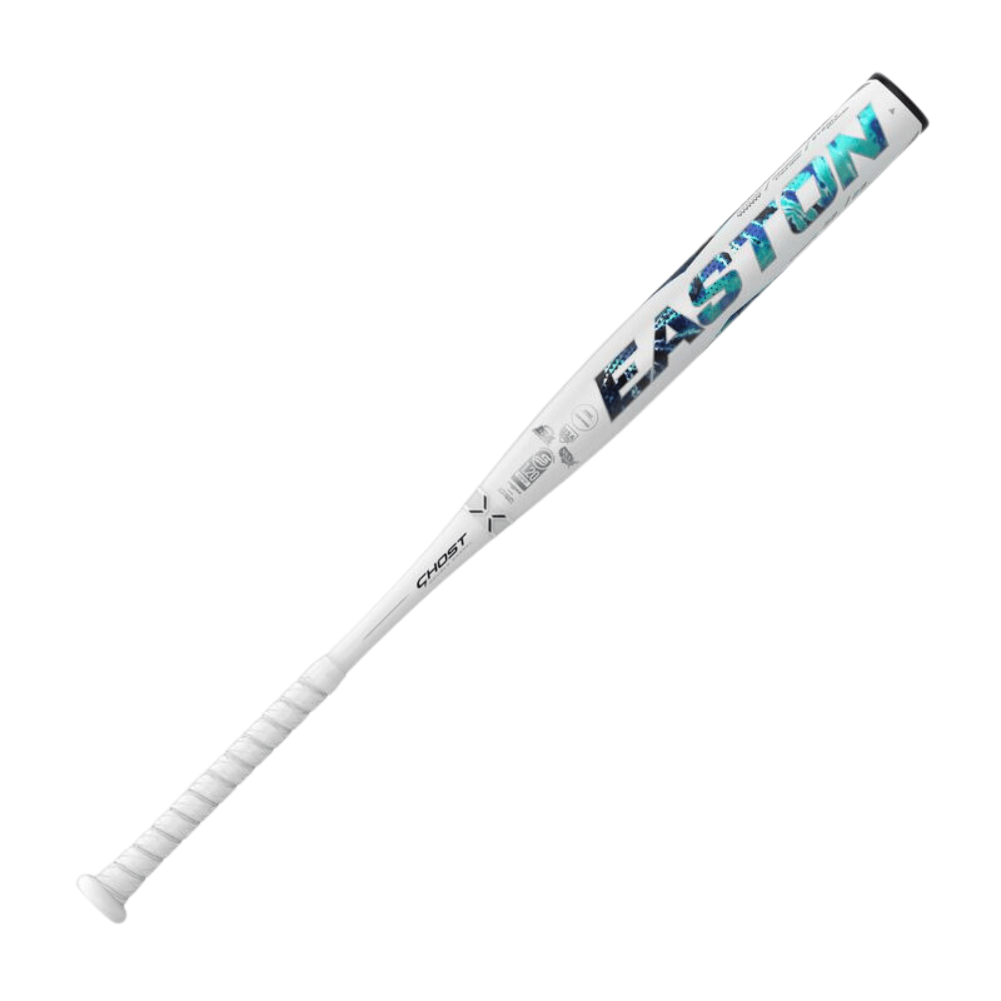 Easton Ghost Tie-Dye Fastpitch bat with a sleek design, showcasing its signature colors and grip for optimal performance.