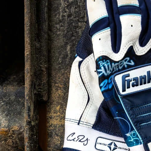 Franklin Cal Raleigh Limited Edition CFX Pro backhand view with signature and logo on blue and white glove.