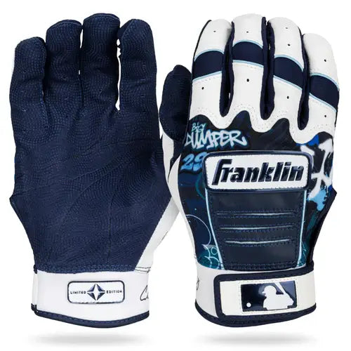 Franklin Cal Raleigh Limited Edition CFX Pro batting gloves, palm and backhand view, navy and white with graphics and MLB logo.