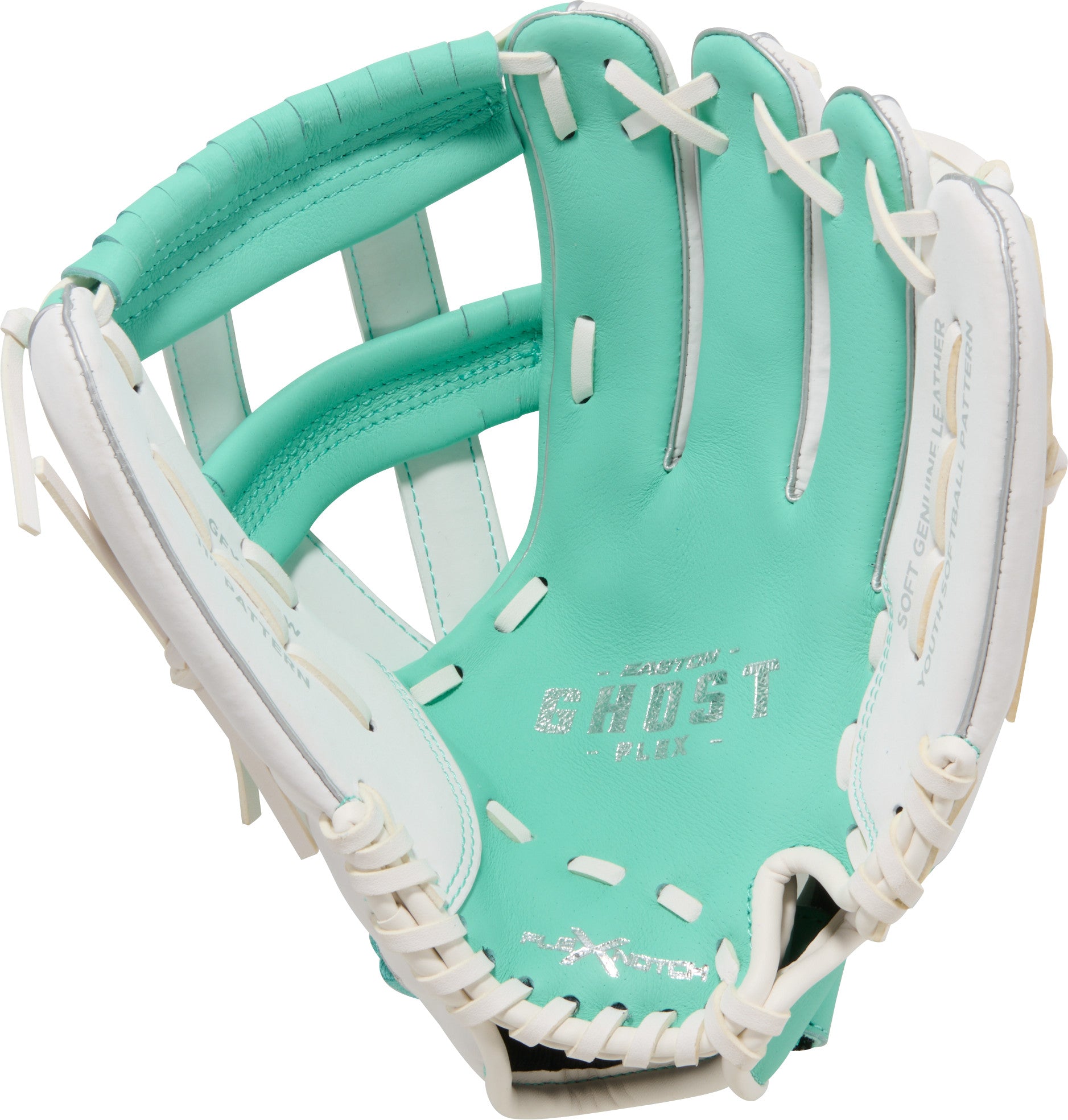 Palm View:
Easton Ghost Flex Youth 11 Softball Glove palm view Arched H-Web fastpitch glove