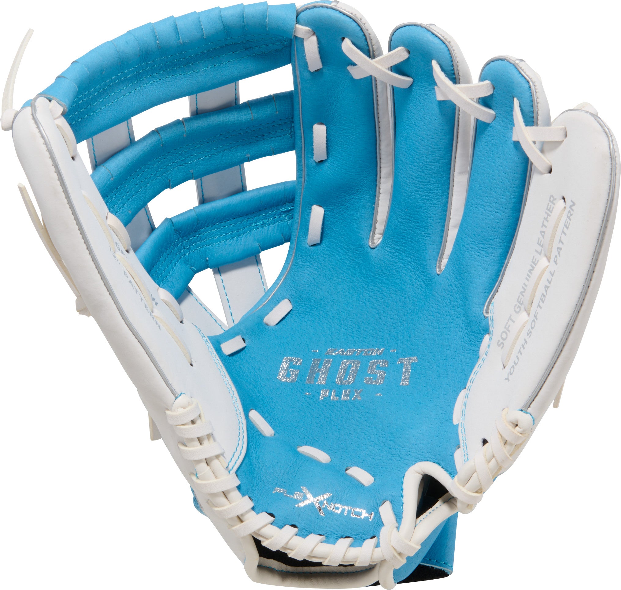 Easton Ghost Flex 12-Inch Softball Glove palm view showing the Dual Bar Arched H-Web and soft inner palm lining