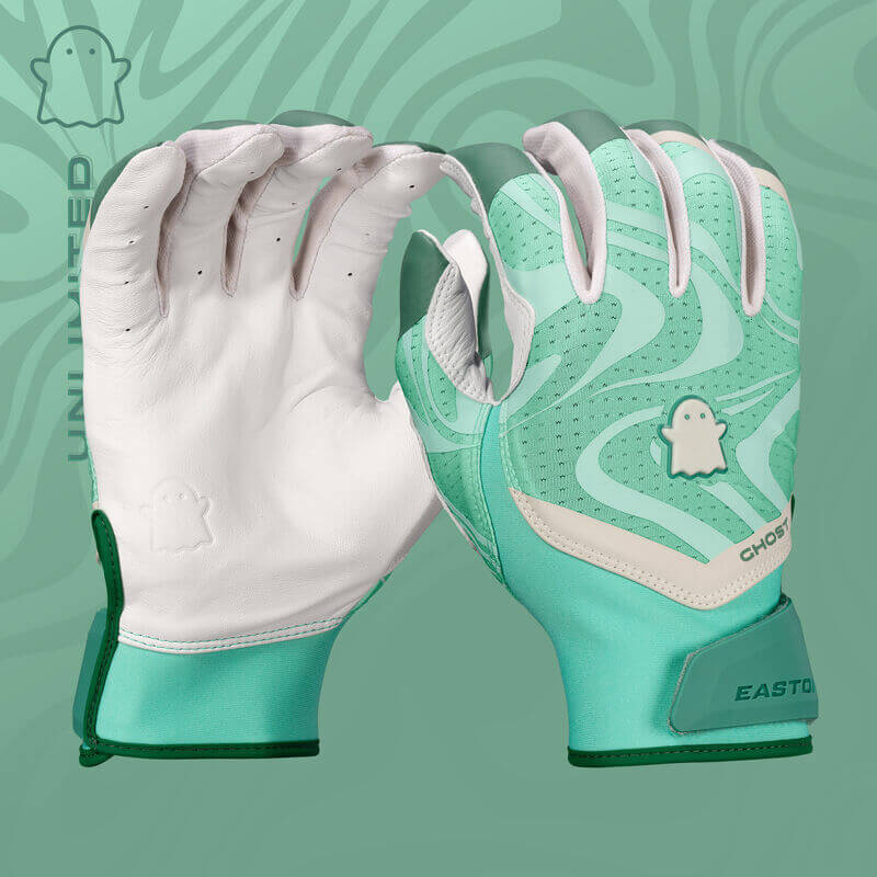 Backhand and palm view of Womens Ghost Ethos Unlimited Fastpitch Batting Gloves in mint green, showing goatskin leather palm and silicone overlays.