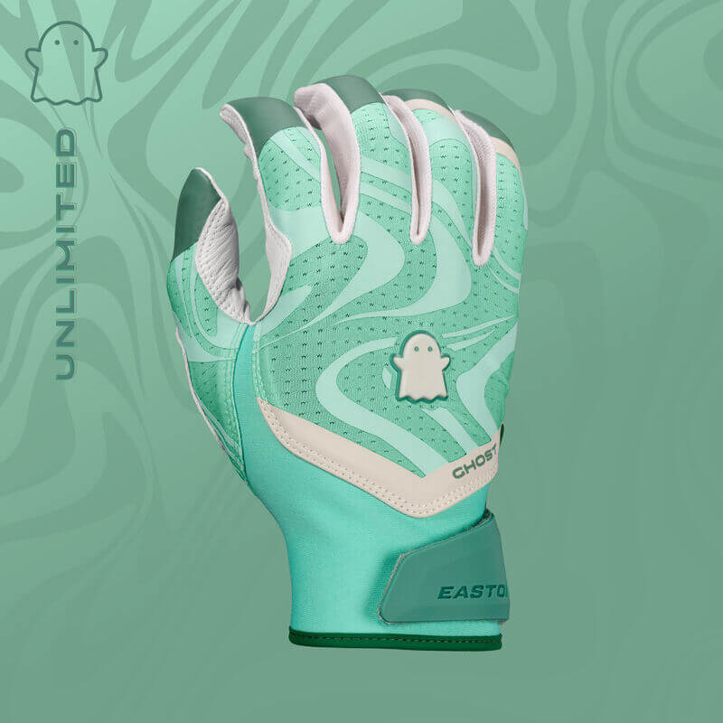 Backhand view of teal Womens Ghost Ethos Unlimited Fastpitch Batting Gloves with ghost logo and Easton branding.