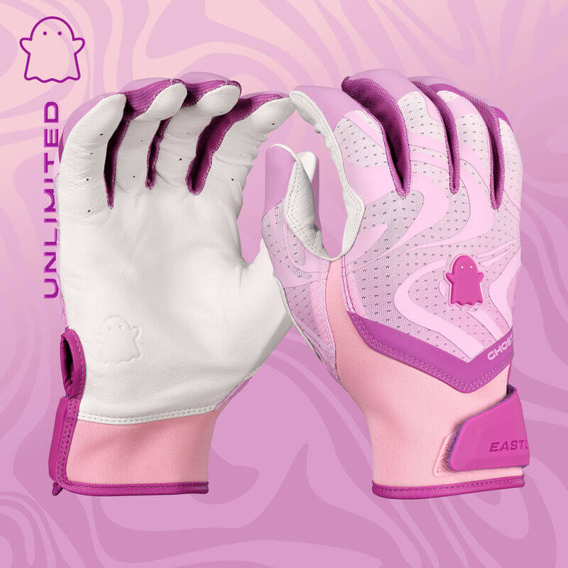 Womens Ghost Ethos Unlimited Fastpitch Batting Gloves, palm and backhand view, pink and white design, ghost logo visible.