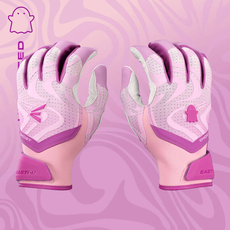 Pale pink Womens Ghost Ethos Unlimited Fastpitch Batting Gloves, backhand view, featuring pink and white accents, by Easton.