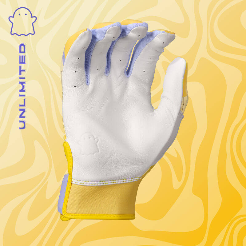 Backhand view of Womens Ghost Ethos Unlimited Fastpitch Batting Gloves with white goatskin and yellow wrist detail.
