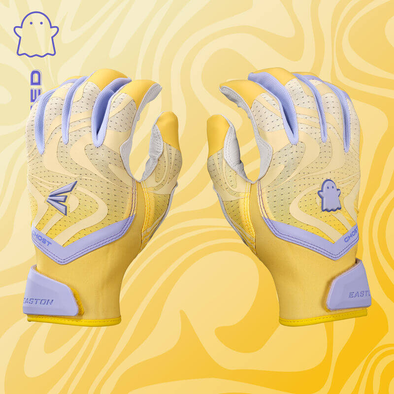 Womens Ghost Ethos Unlimited Fastpitch Batting Gloves backhand view showing yellow and purple design with logo detail