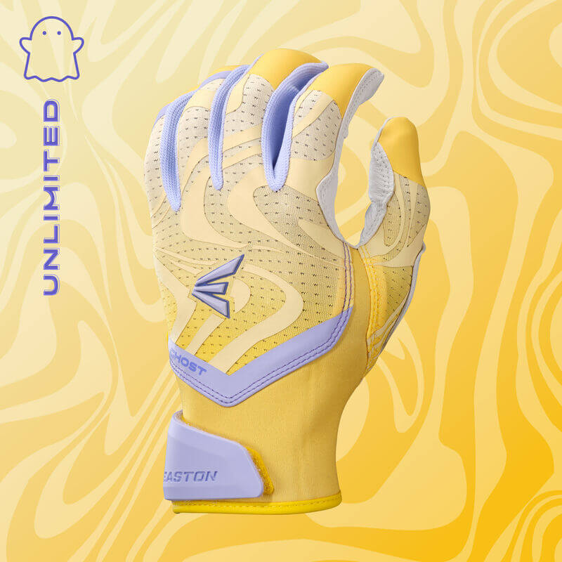 Backhand view of Easton Womens Ghost Ethos Unlimited Fastpitch Batting Gloves in yellow with purple accents, showing logo detail.