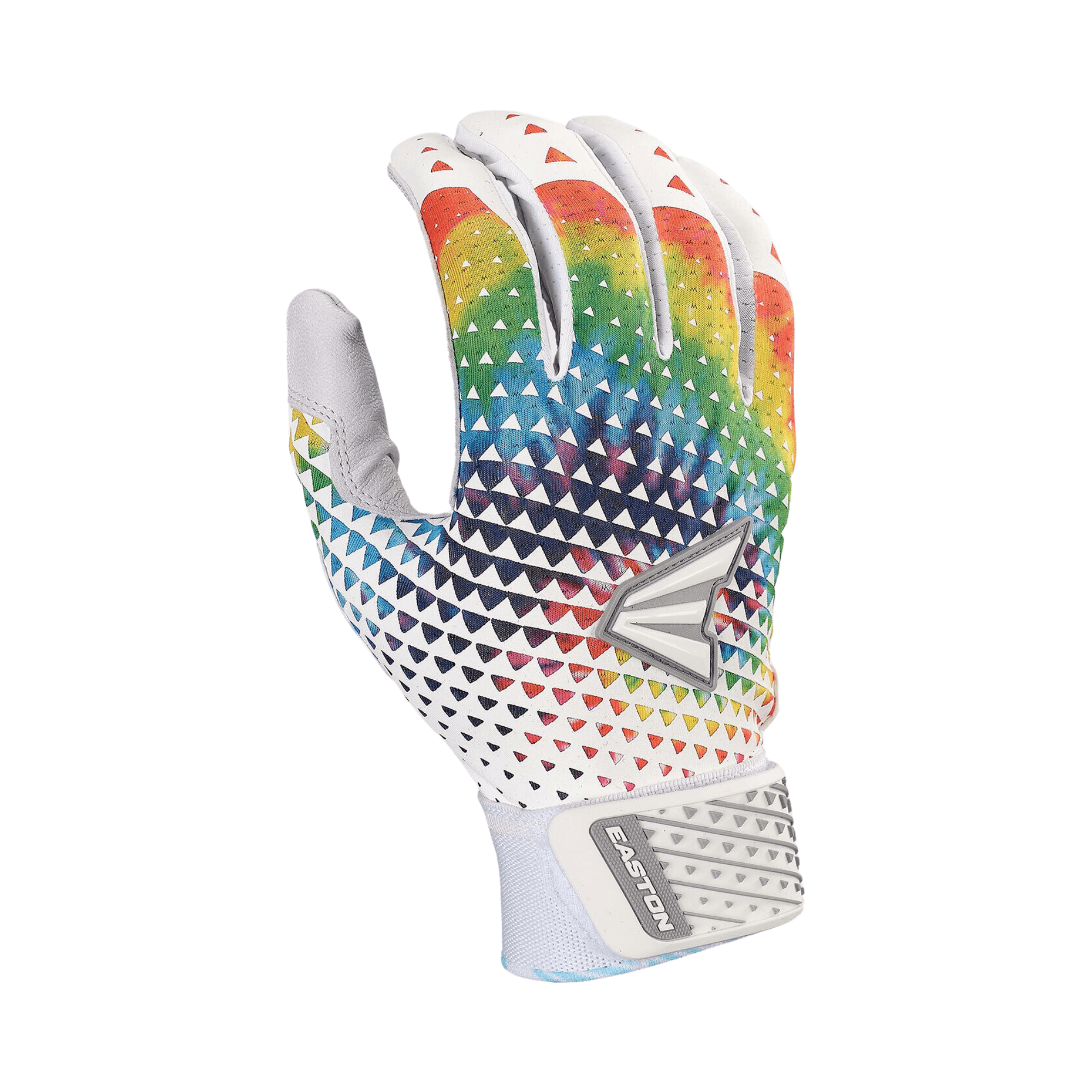 Easton Women's Ghost NX fastpitch batting gloves in vibrant tie-dye design for superior grip and comfort.