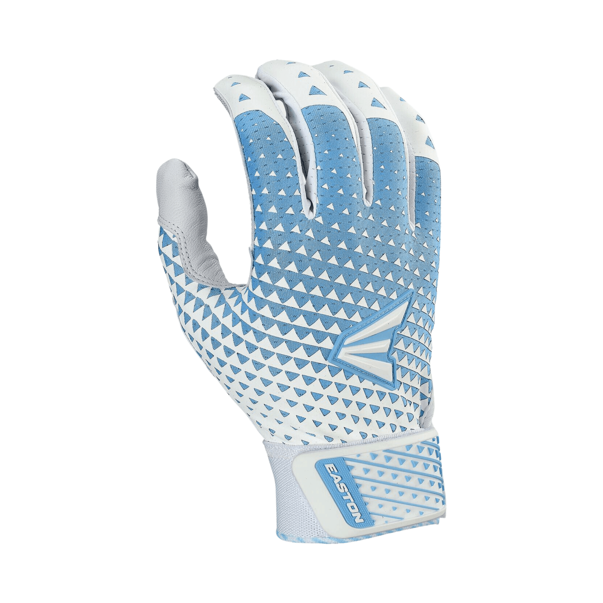 Easton Women's Ghost NX Fastpitch Batting Gloves in white and Carolina blue, featuring a textured pattern for enhanced grip.