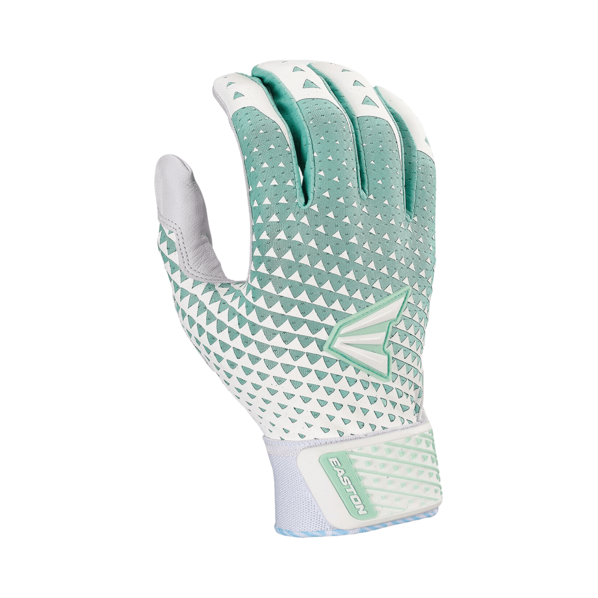 Easton Womens Ghost™ NX Fastpitch Batting Gloves in white and mint green with a geometric design and goatskin leather palm.