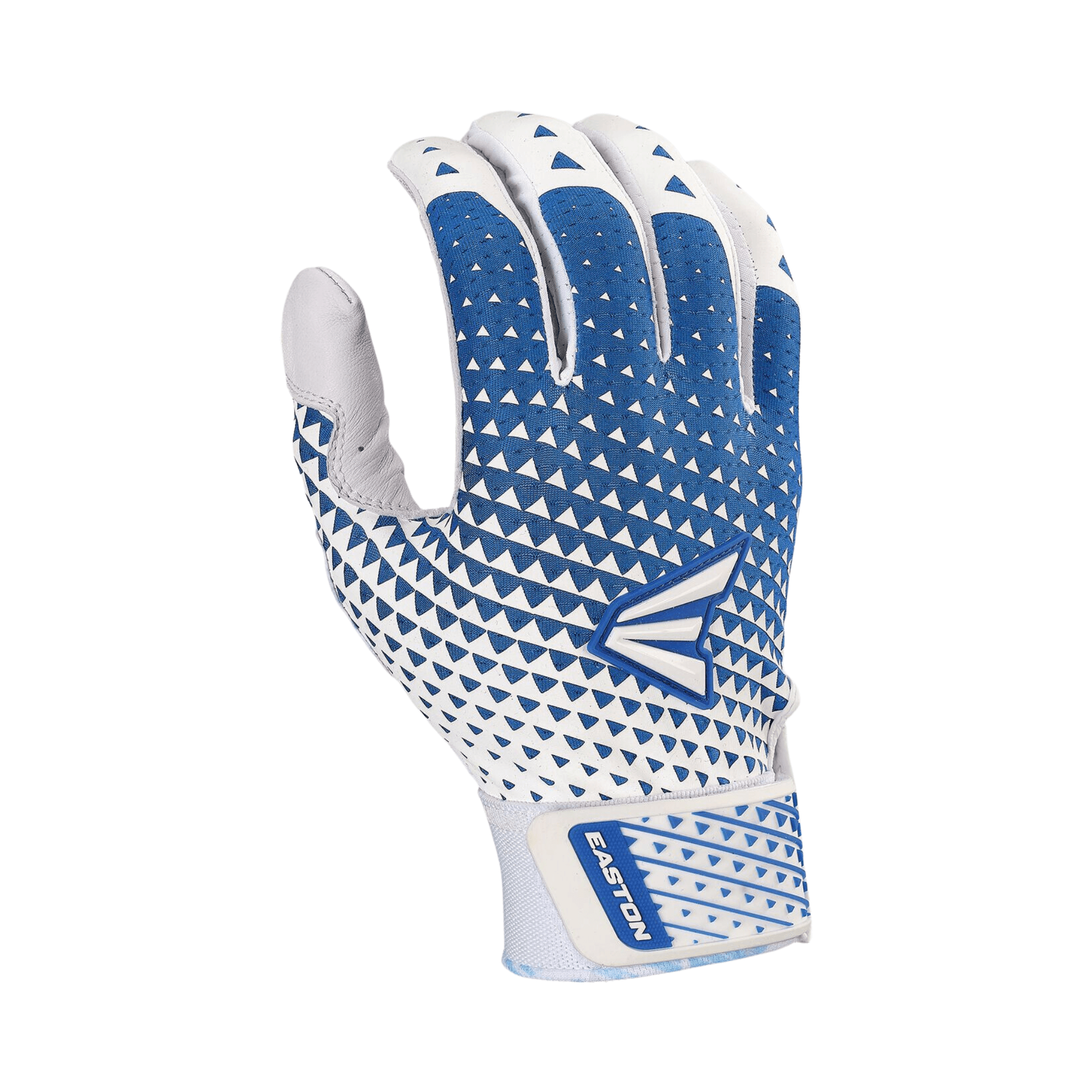 Easton Women's Ghost Nx Fastpitch Batting Gloves in White and Royal blue, featuring a geometric design and durable palm.