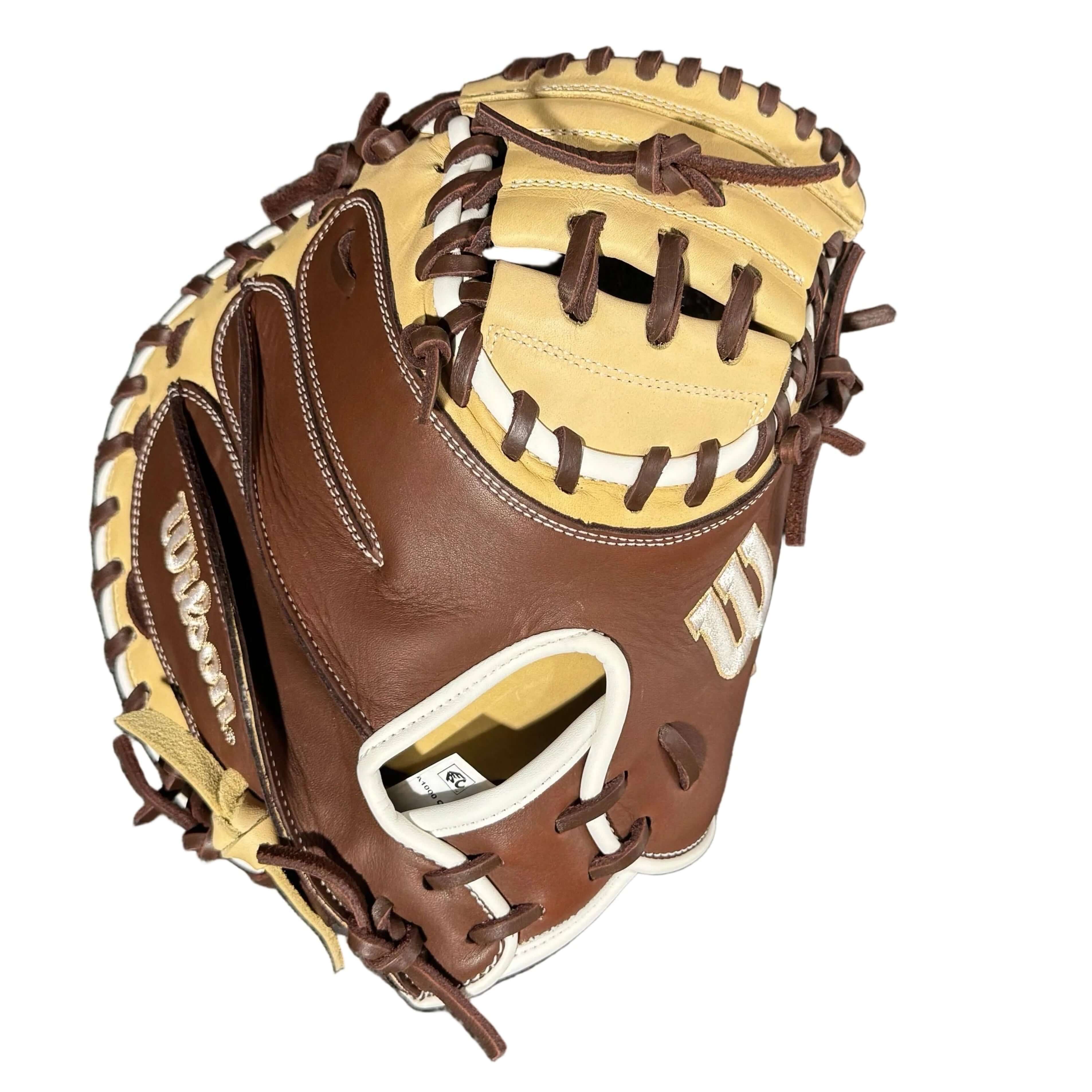 Wilson A1000 CM31 TRAINER blonde and dark brown catcher's glove palm view with blonde web and dark brown lacing.