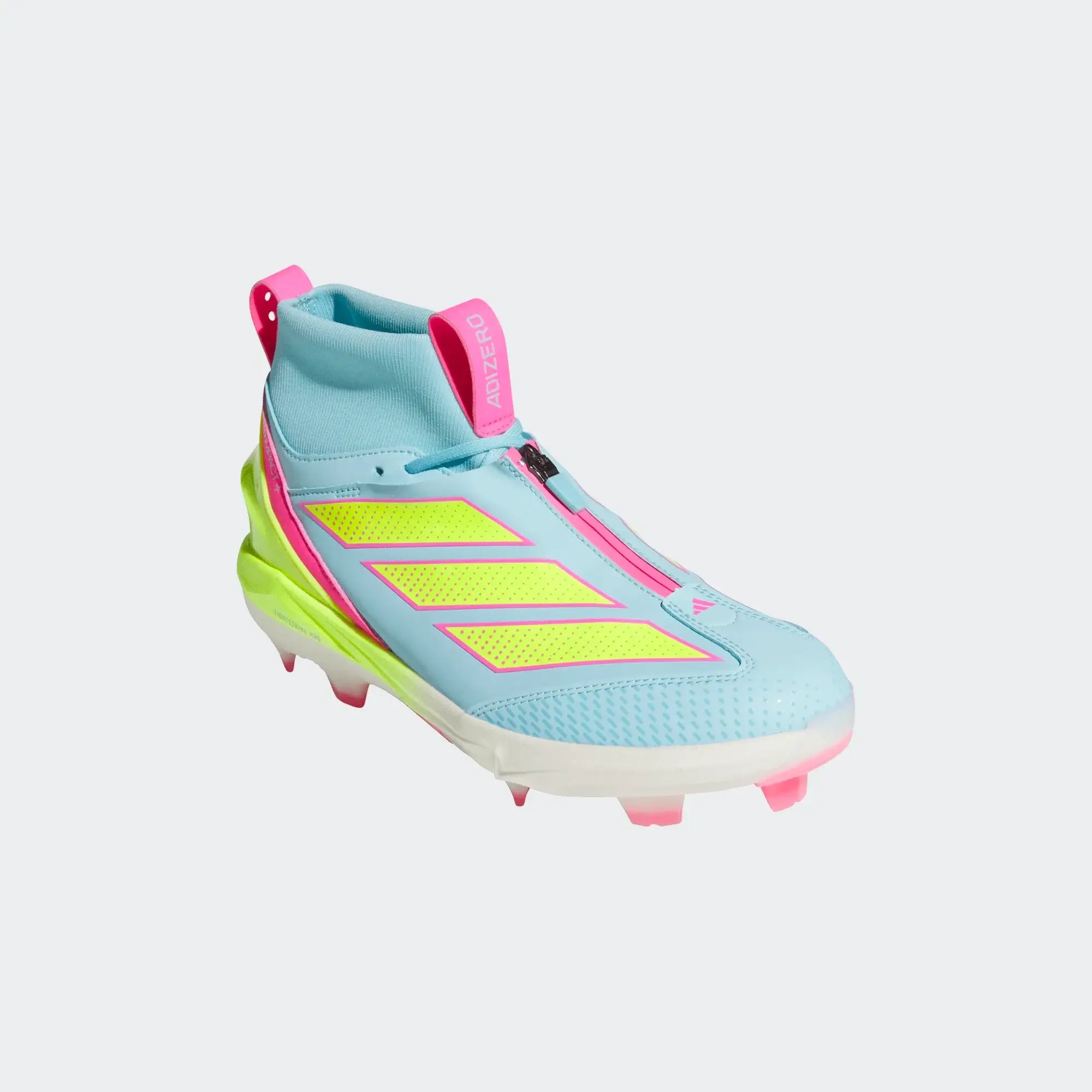 Adidas Adizero Impact+ 2.0 TPU BSB BLIBLU/LUCLEM/LUCPNK side view showing blue upper, neon yellow stripes, and pink accents.