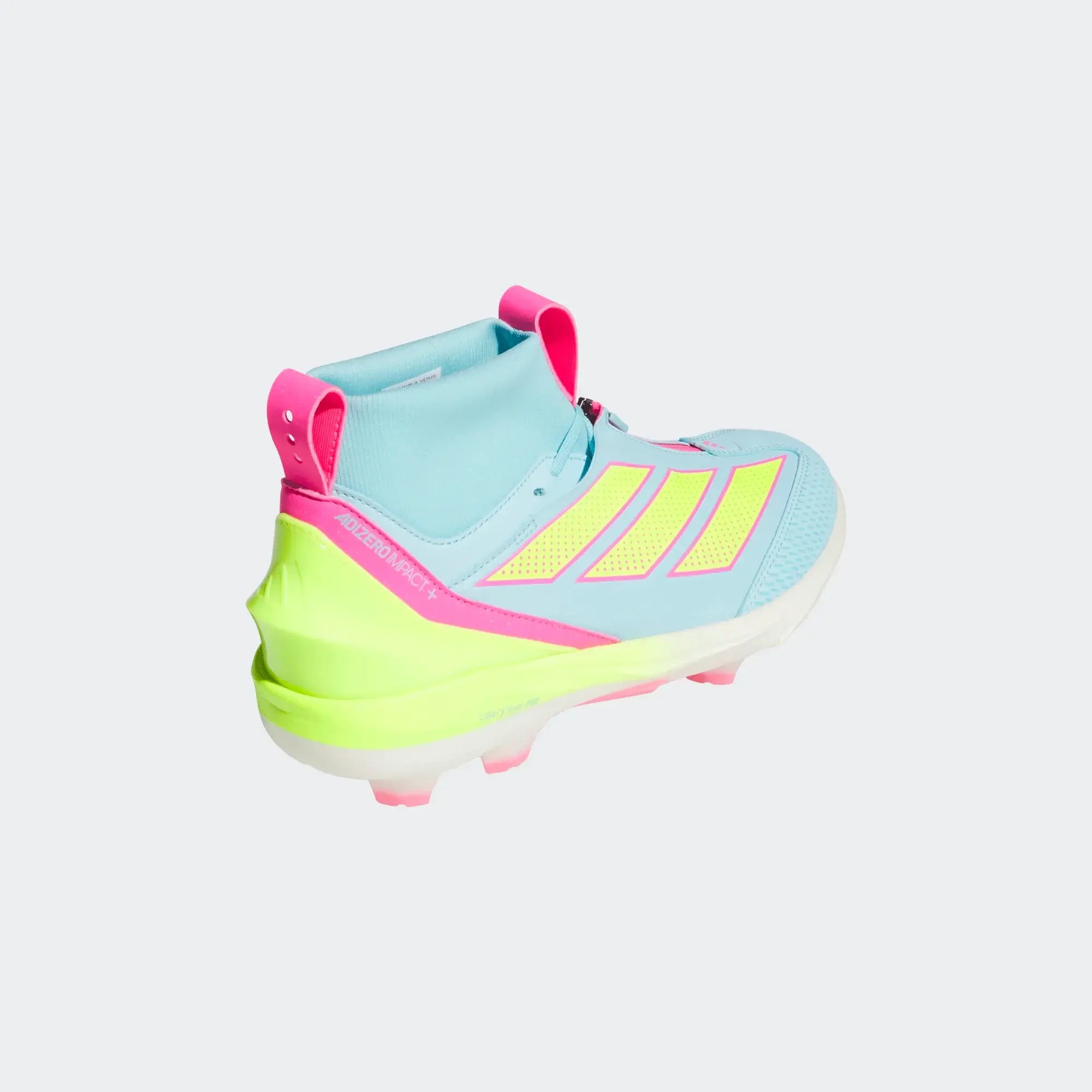 Adidas Adizero Impact+ 2.0 TPU Baseball Cleats Bliss Blue/Lemon/Pink, lightweight and durable design for explosive speed and traction.