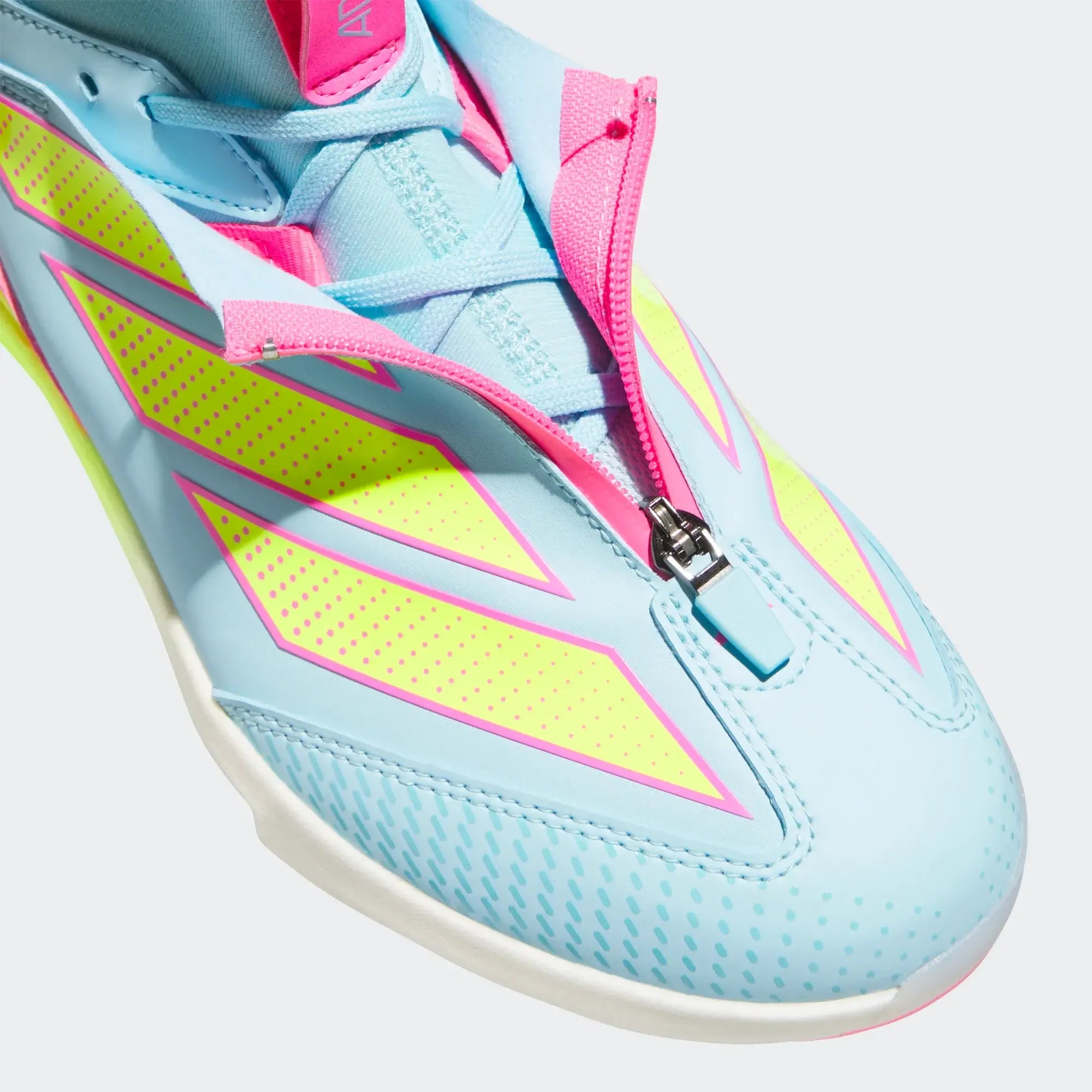 Adidas Adizero Impact+ 2.0 TPU toe view with zipper, light blue with pink and yellow accents