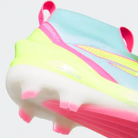 Adidas Adizero Impact+ 2.0 TPU Baseball Cleats Bliss Blue/Lemon/Pink outsole and design close-up.