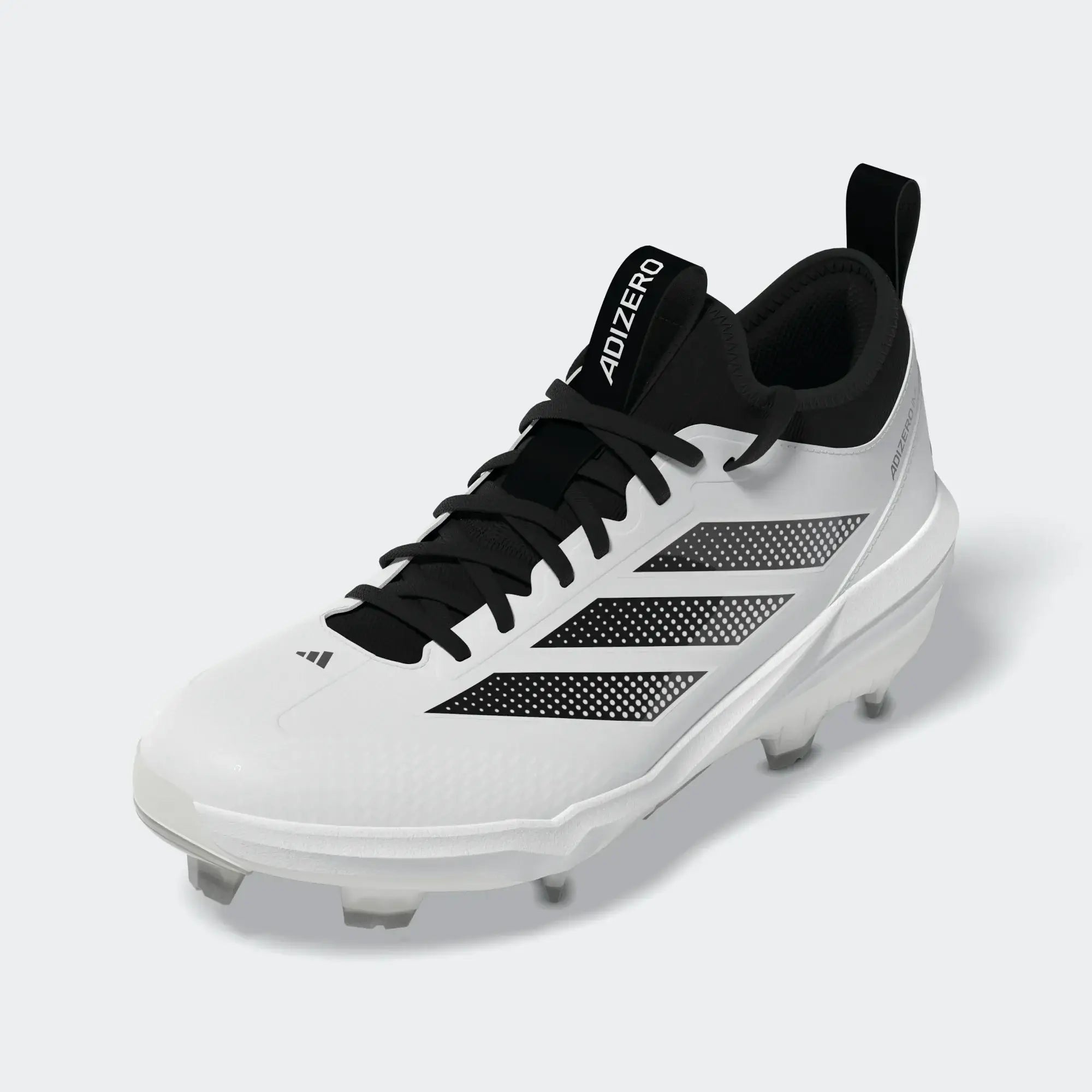 Side profile of Adizero Impact TPU 2.0 Baseball Cleats - White, showing stud pattern and knit bootie design with logo on tongue.