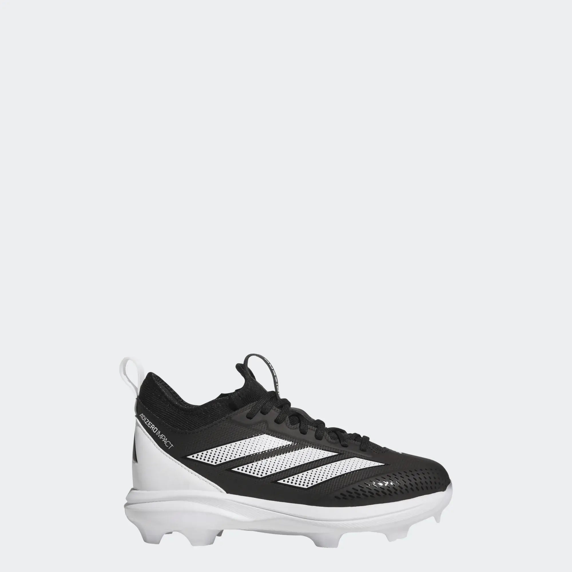 Side profile of Adizero Impact TPU K 2.0 BSB- Black cleats showing three white stripes, lacing system, and stud pattern.