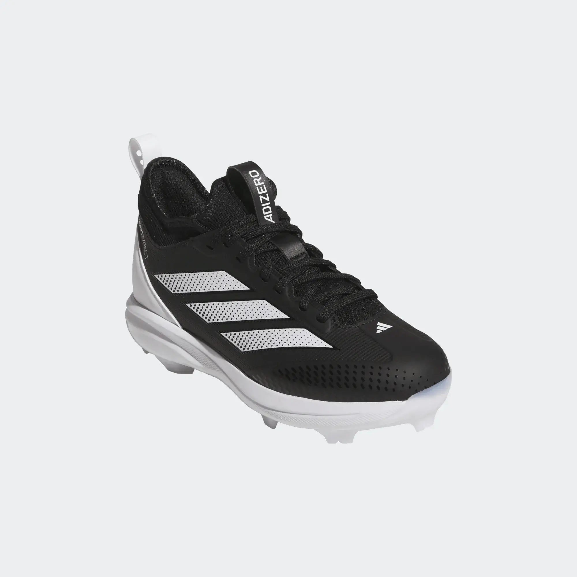 Adizero Impact TPU K 2.0 BSB- Black kids' baseball cleat, side profile showing stud pattern and adidas logo placement.