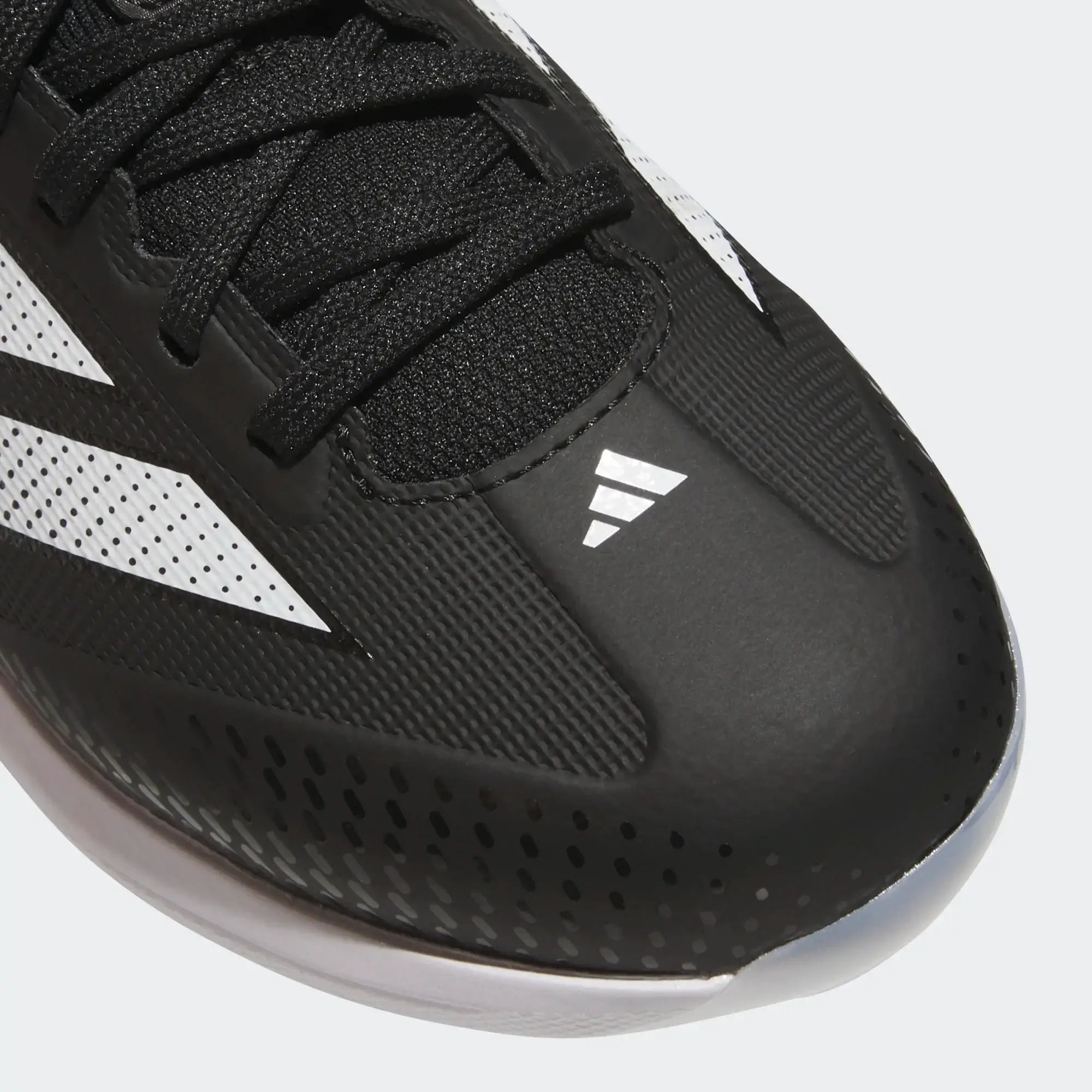 Close-up of toe area on Adizero Impact TPU K 2.0 BSB- Black cleats with Adidas logo and black lacing system