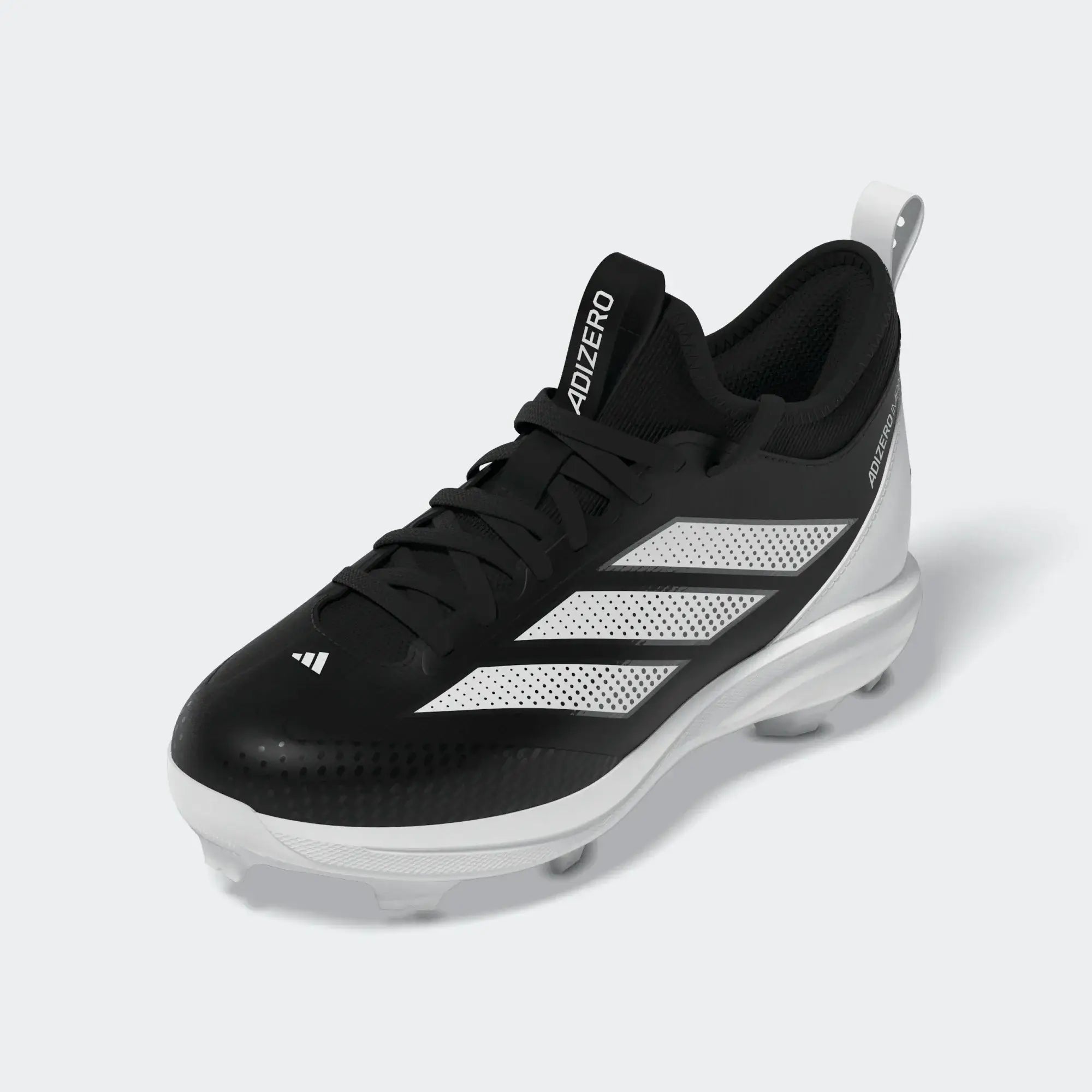 Adizero Impact TPU K 2.0 BSB- Black kids' cleats side profile with black upper, white sole, and three white stripes on lateral side.