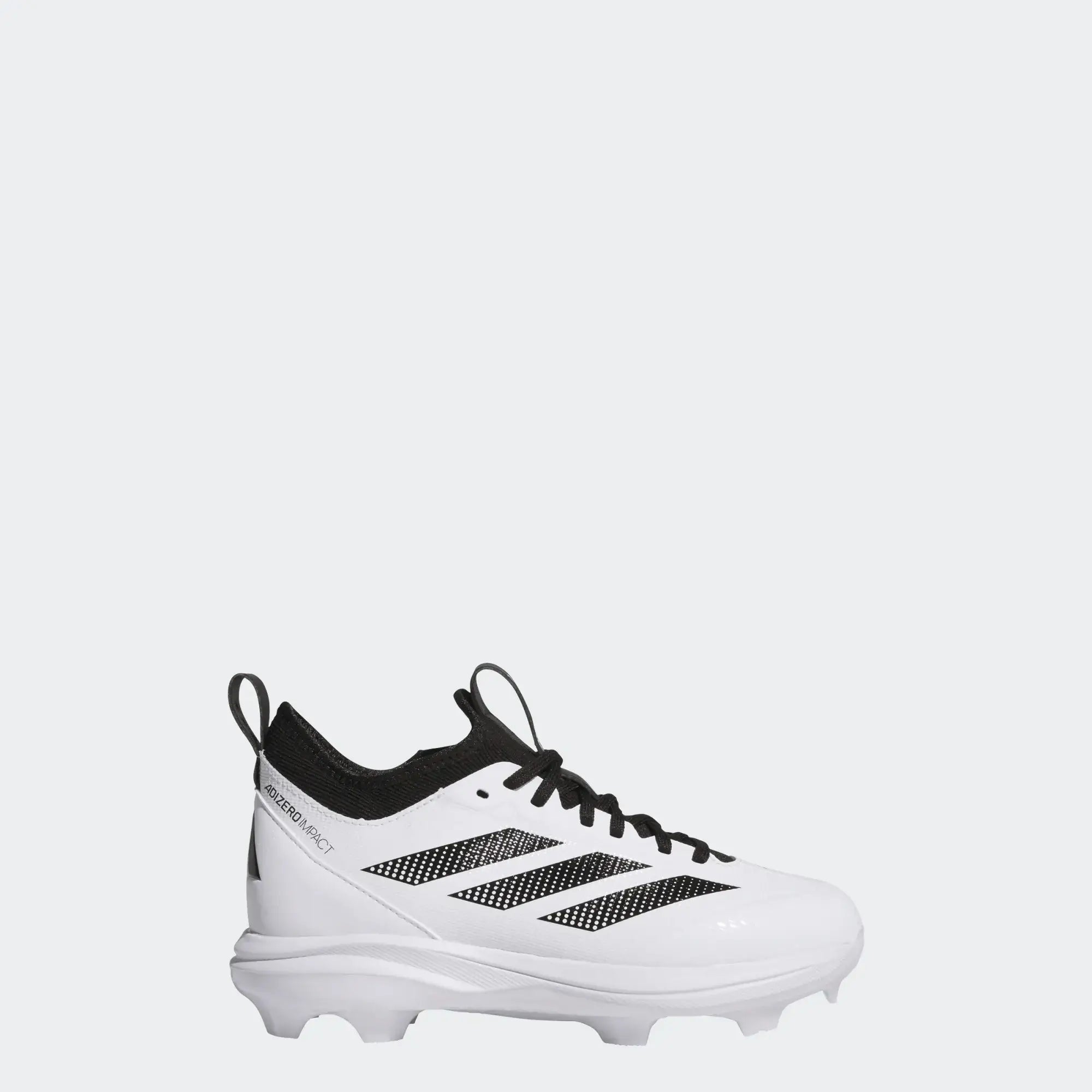 Adizero Impact TPU K 2.0 BSB- White baseball cleat side profile showing black laces and studs