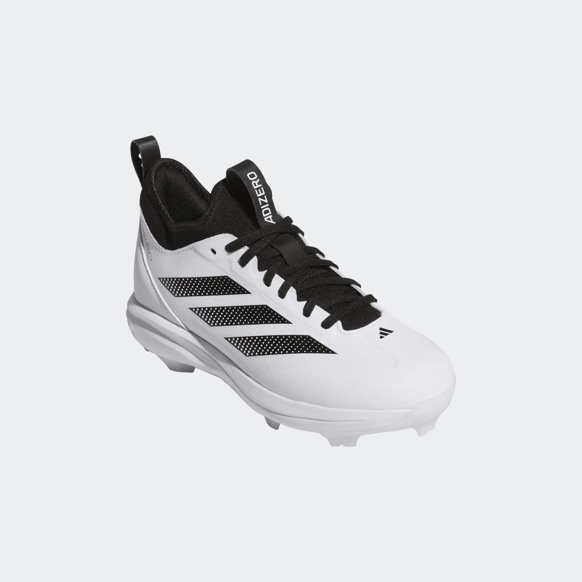 Side profile of Adizero Impact TPU K 2.0 BSB- White cleat showing black stripes and lacing system on a white background.
