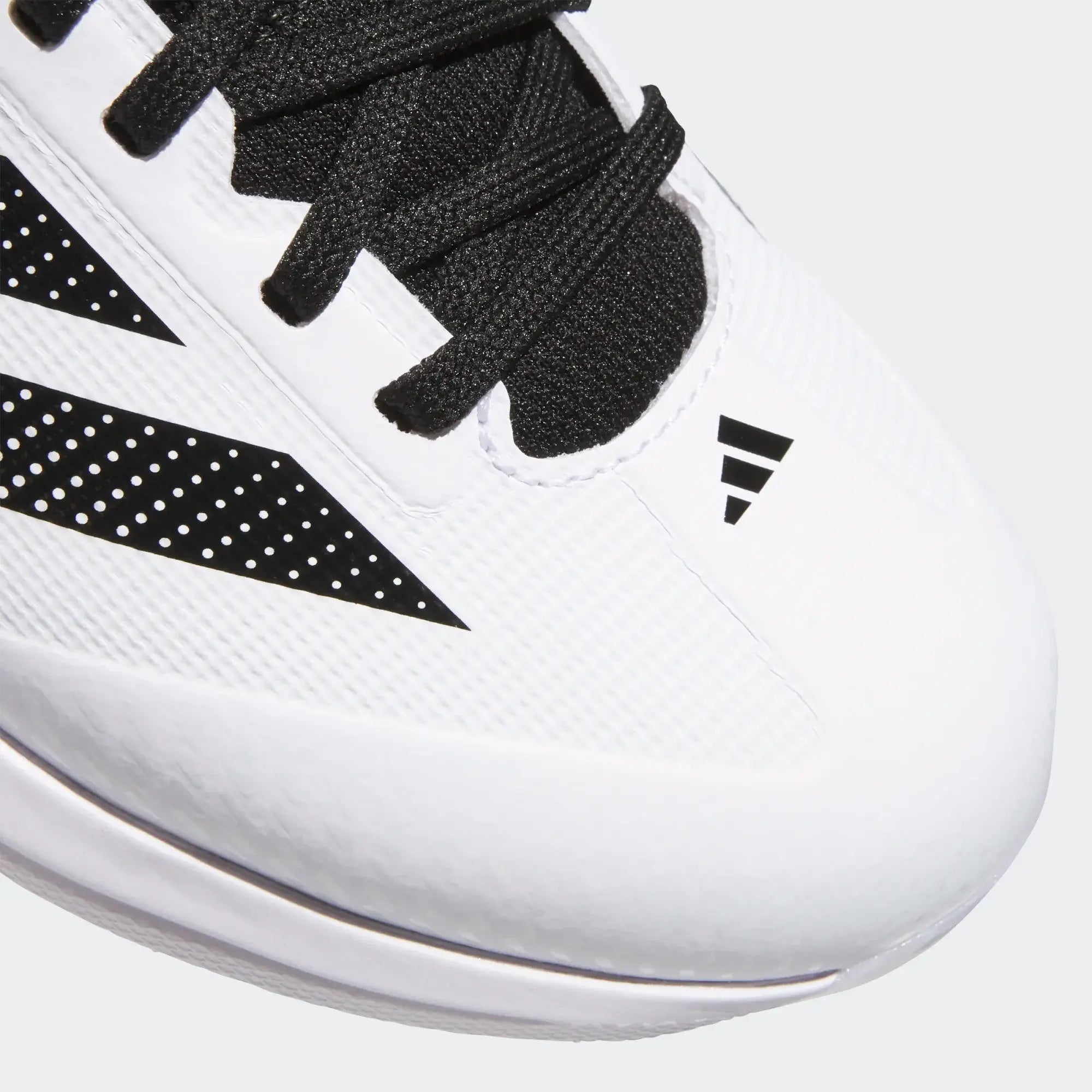 Close-up of Adizero Impact TPU K 2.0 BSB- White cleat showcasing the black laces, dotted pattern, and logo on the white upper.