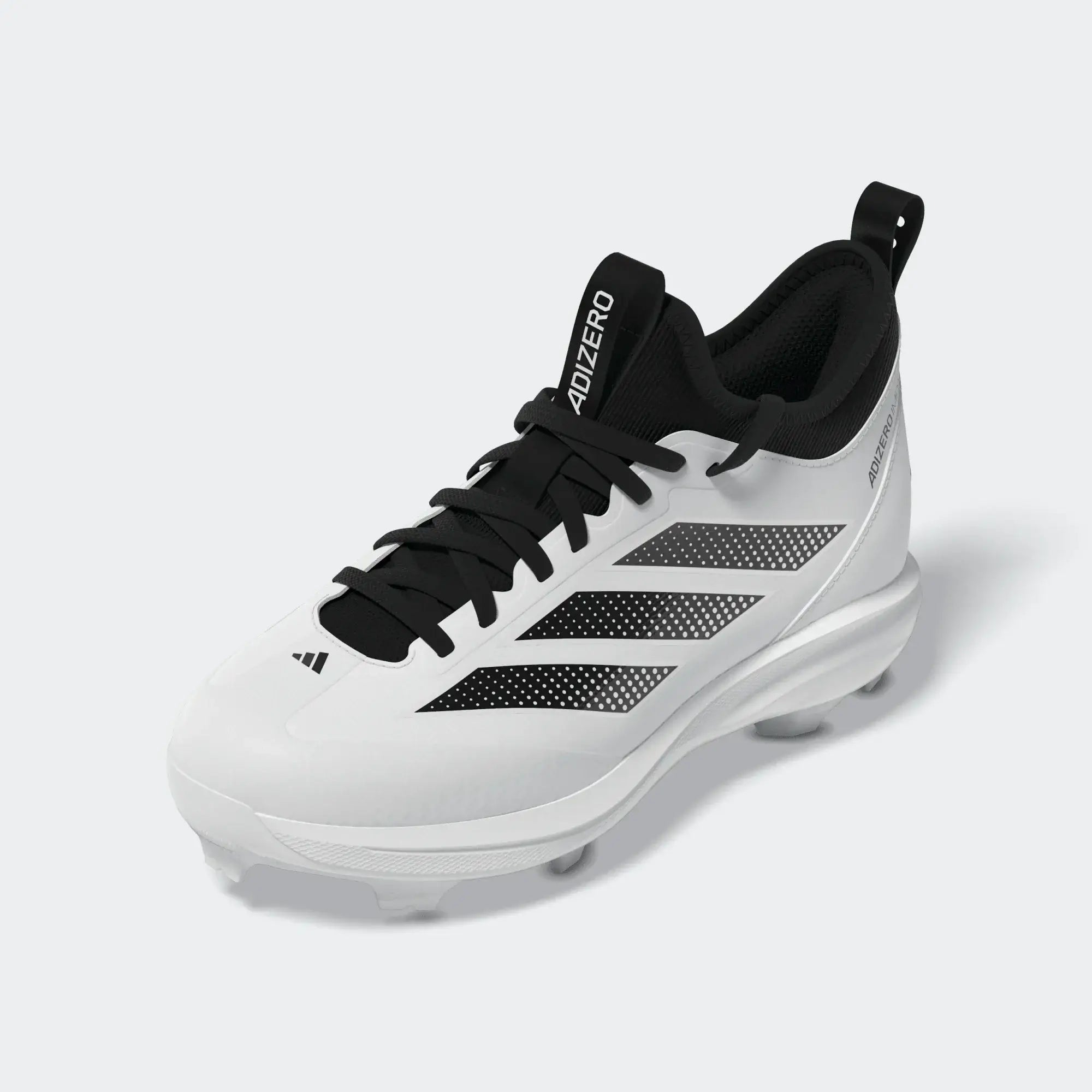 Adizero Impact TPU K 2.0 BSB- White side profile with black laces, Adidas logo on tongue, and dotted stripe design.
