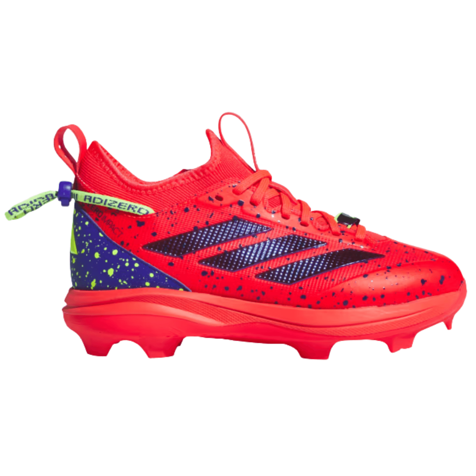 Adidas Adizero Impact TPU Kids Baseball Cleats – Lucid Red, Blue, Lemon right side view with colorful design and Lightstrike cushioning.