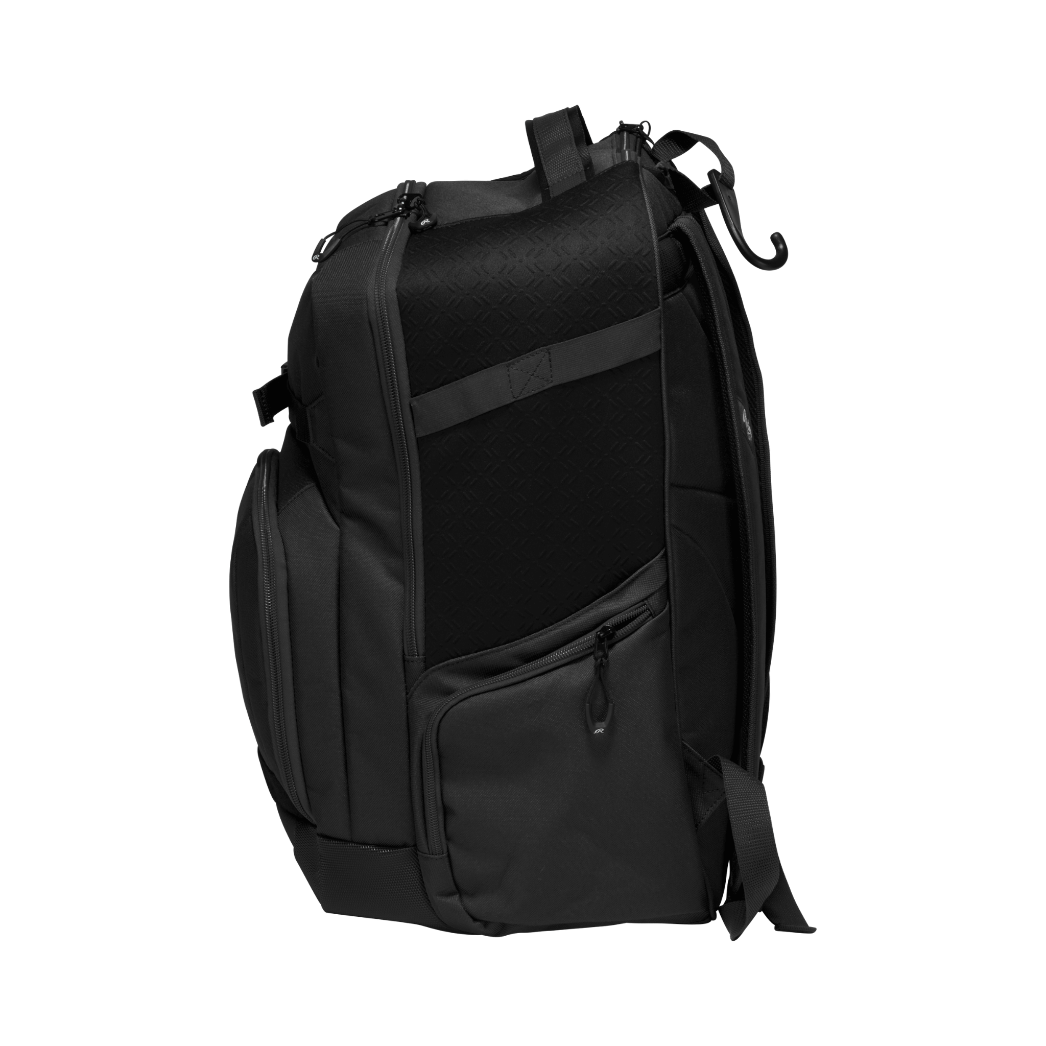 Right side of black Rawlings Journey Backpack featuring bat holder and external glove clip