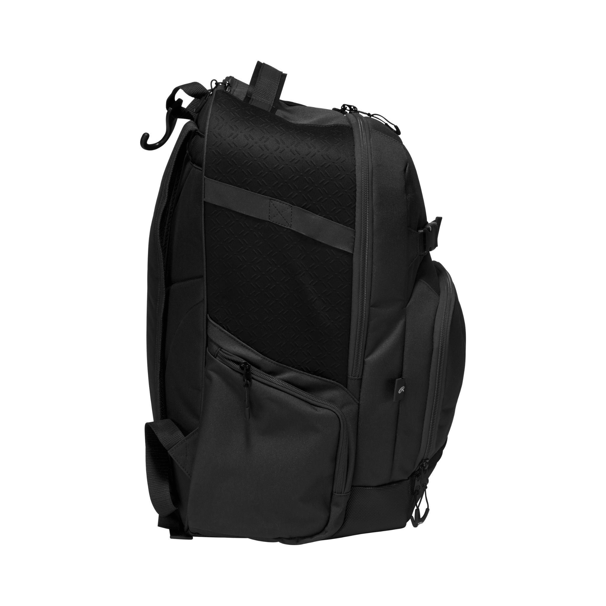 Left side of black Rawlings Journey Backpack with neoprene bat sleeve and zippered gear pocket