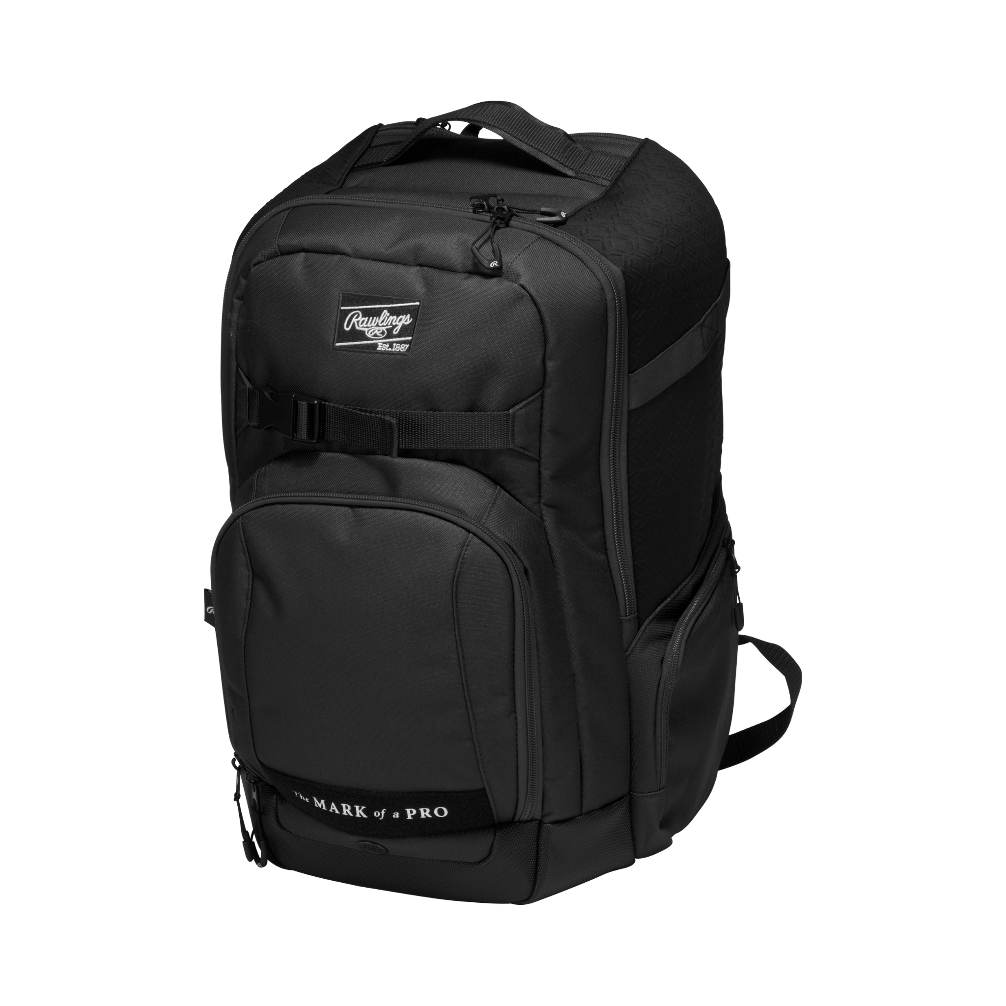 Angled front-right view of black Rawlings Journey Backpack with team logo panel and gear compartments