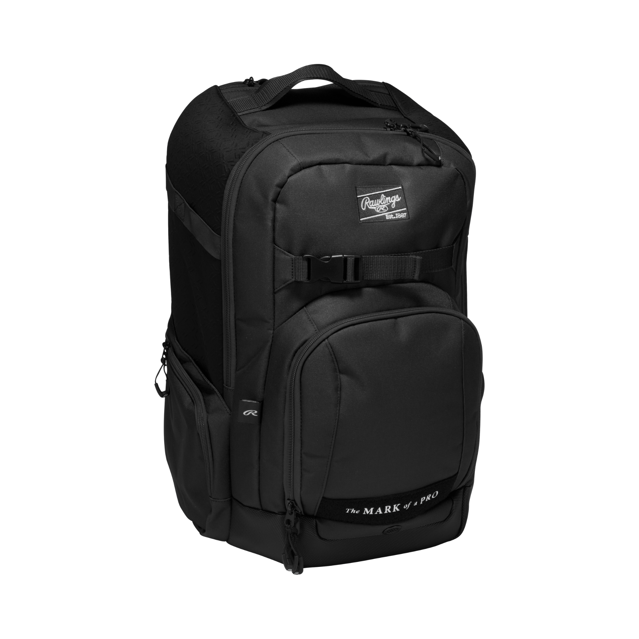Angled front-left view of black Rawlings Journey Backpack highlighting bat storage and glove compartment